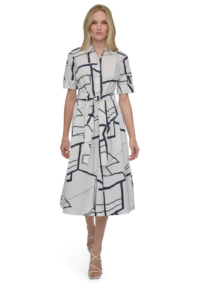 Womens Elbow Sleeve Collared Geo Print Shirtdress