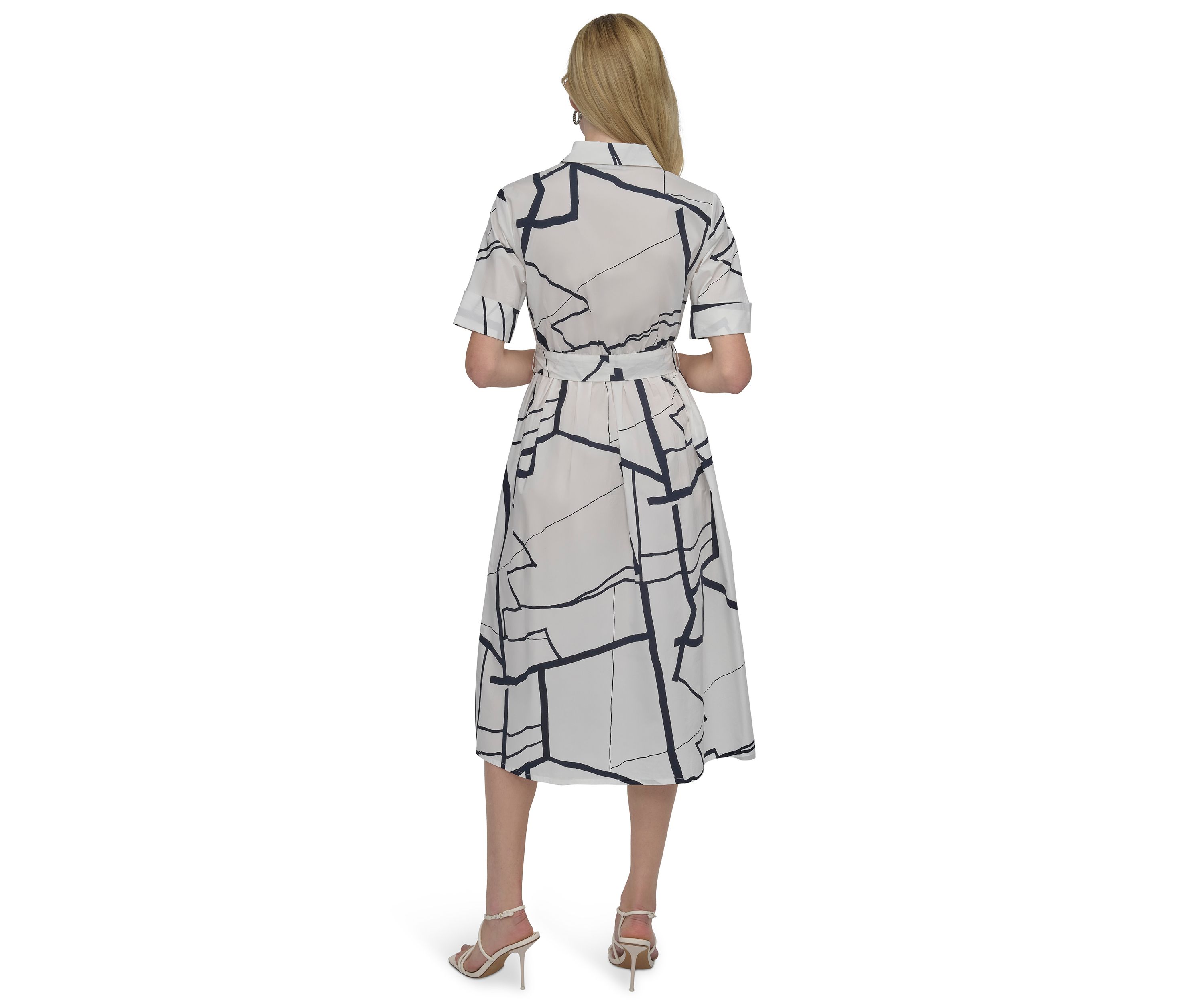 Womens Elbow Sleeve Collared Geo Print Shirtdress