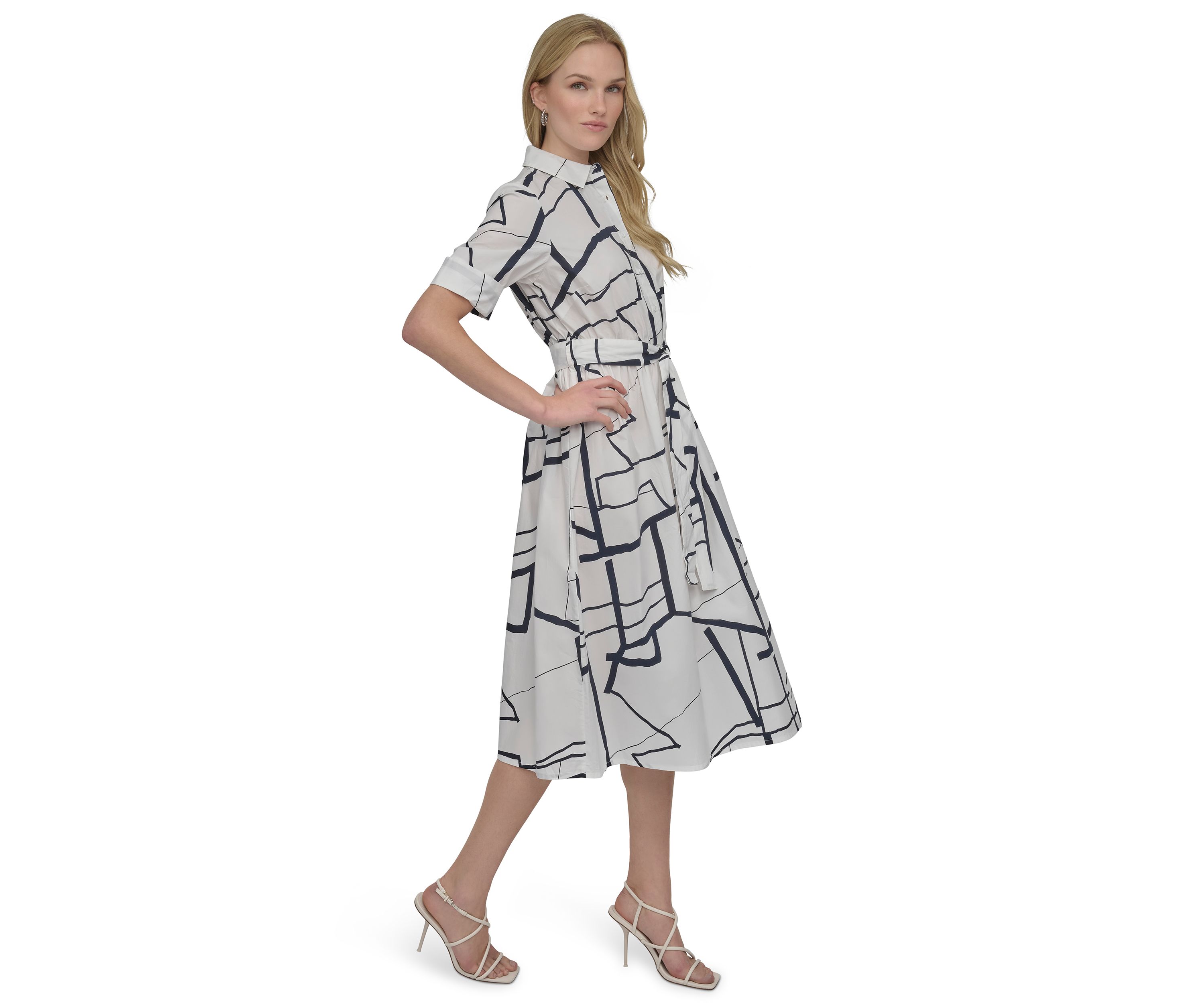 Womens Elbow Sleeve Collared Geo Print Shirtdress