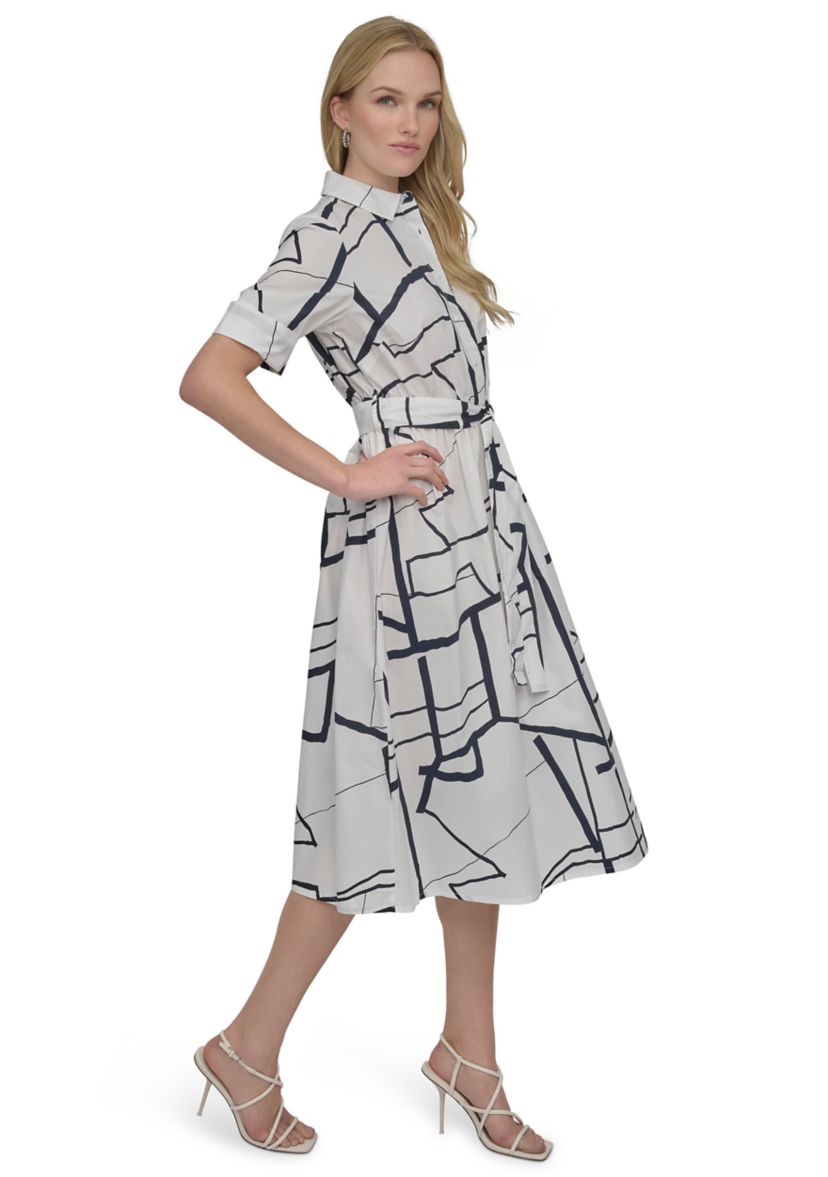 Womens Elbow Sleeve Collared Geo Print Shirtdress
