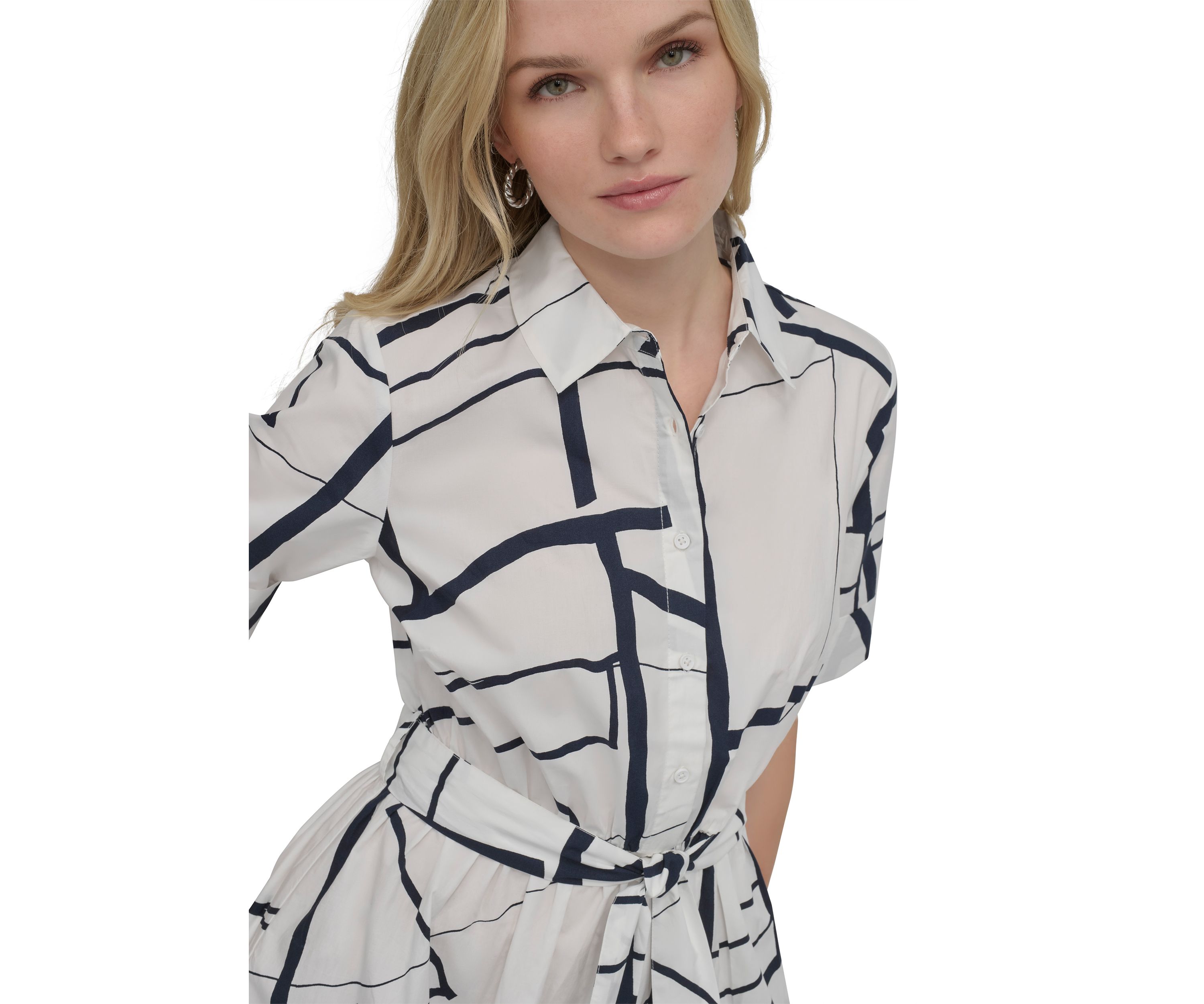 Womens Elbow Sleeve Collared Geo Print Shirtdress