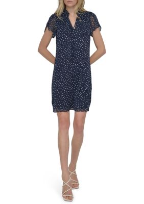 DKNY Women's Short Sleeve Mock Neck Printed A-Line Dress, 2