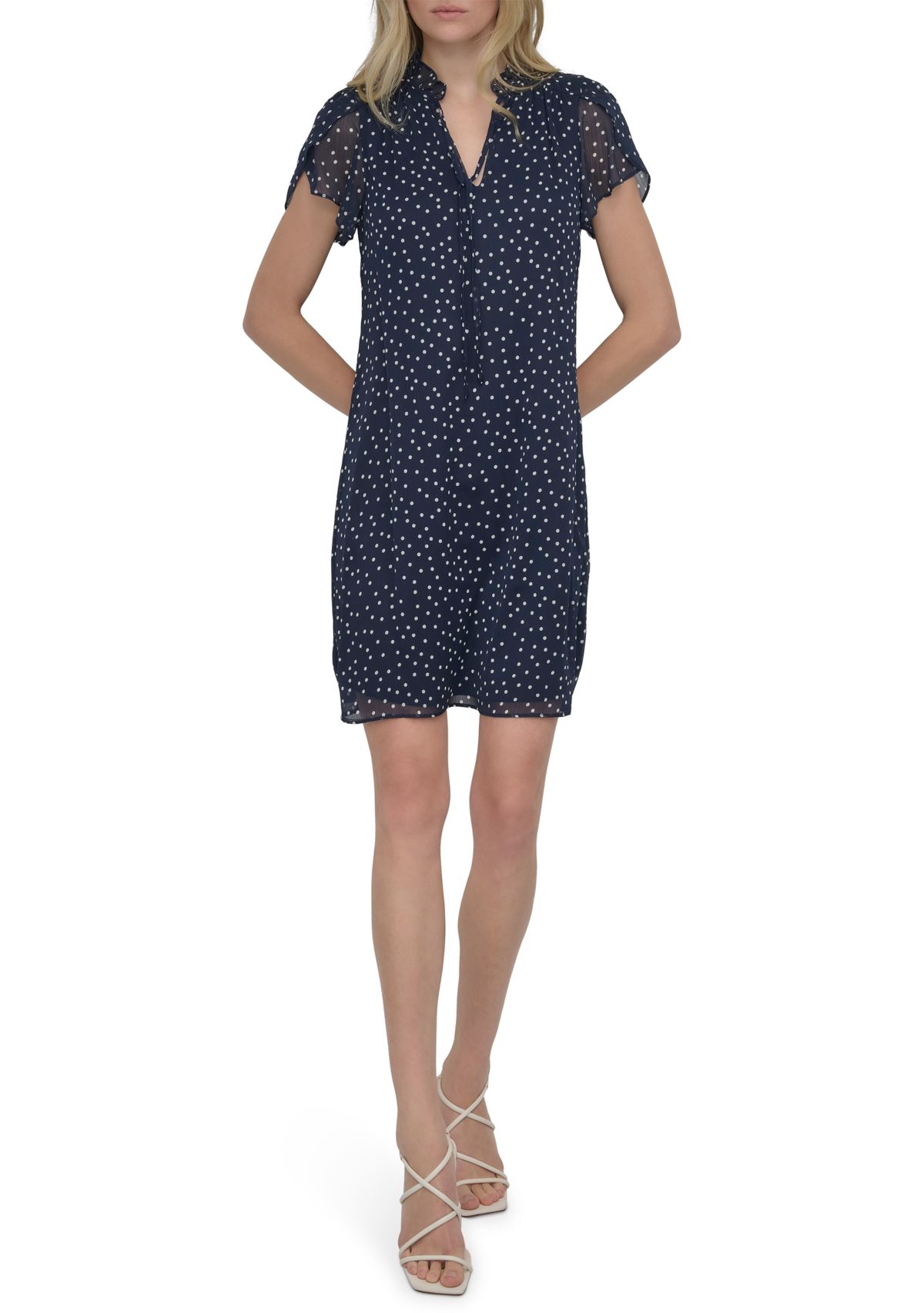 Womens Short Sleeve Mock Neck Printed A-Line Dress