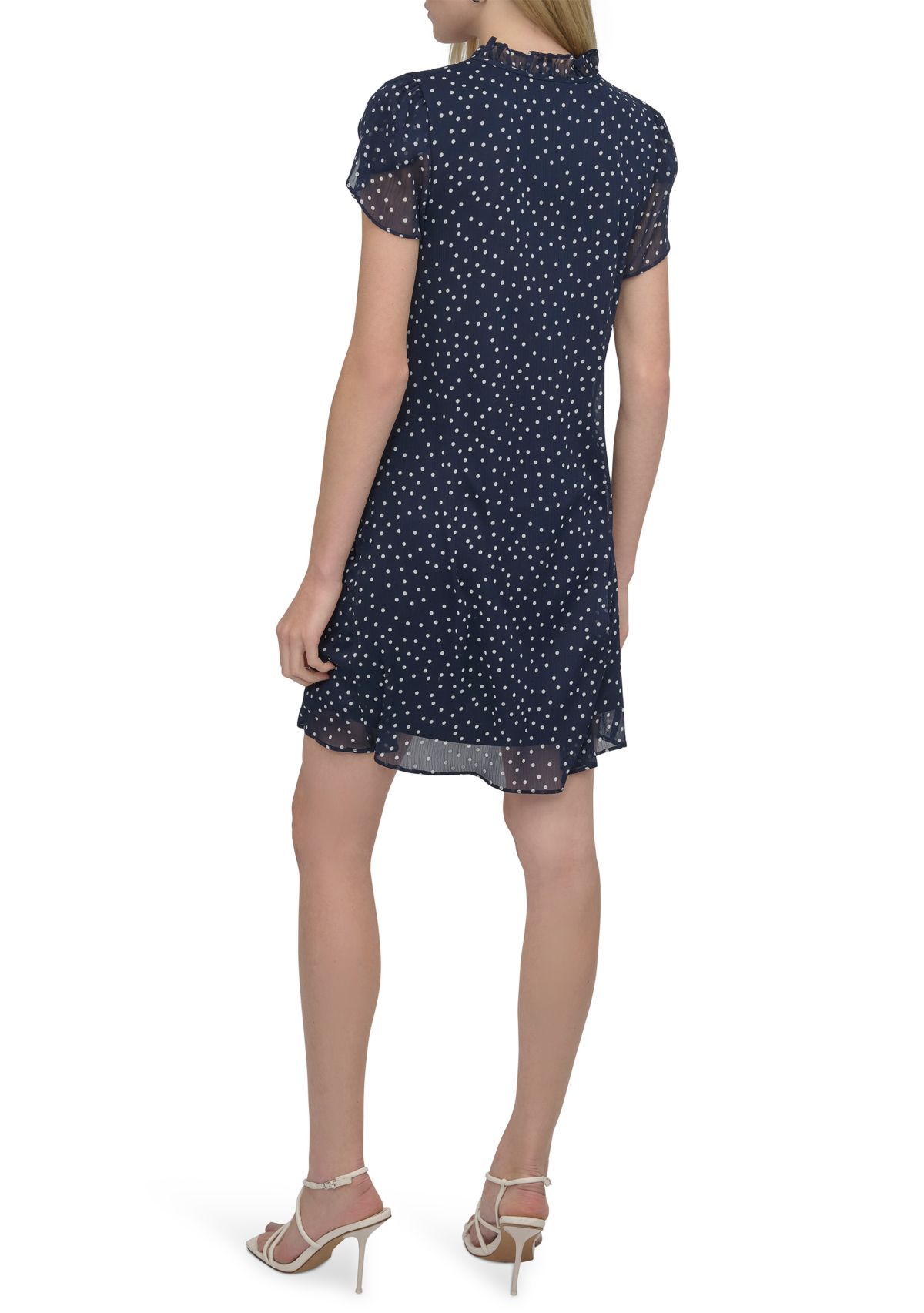 Womens Short Sleeve Mock Neck Printed A-Line Dress
