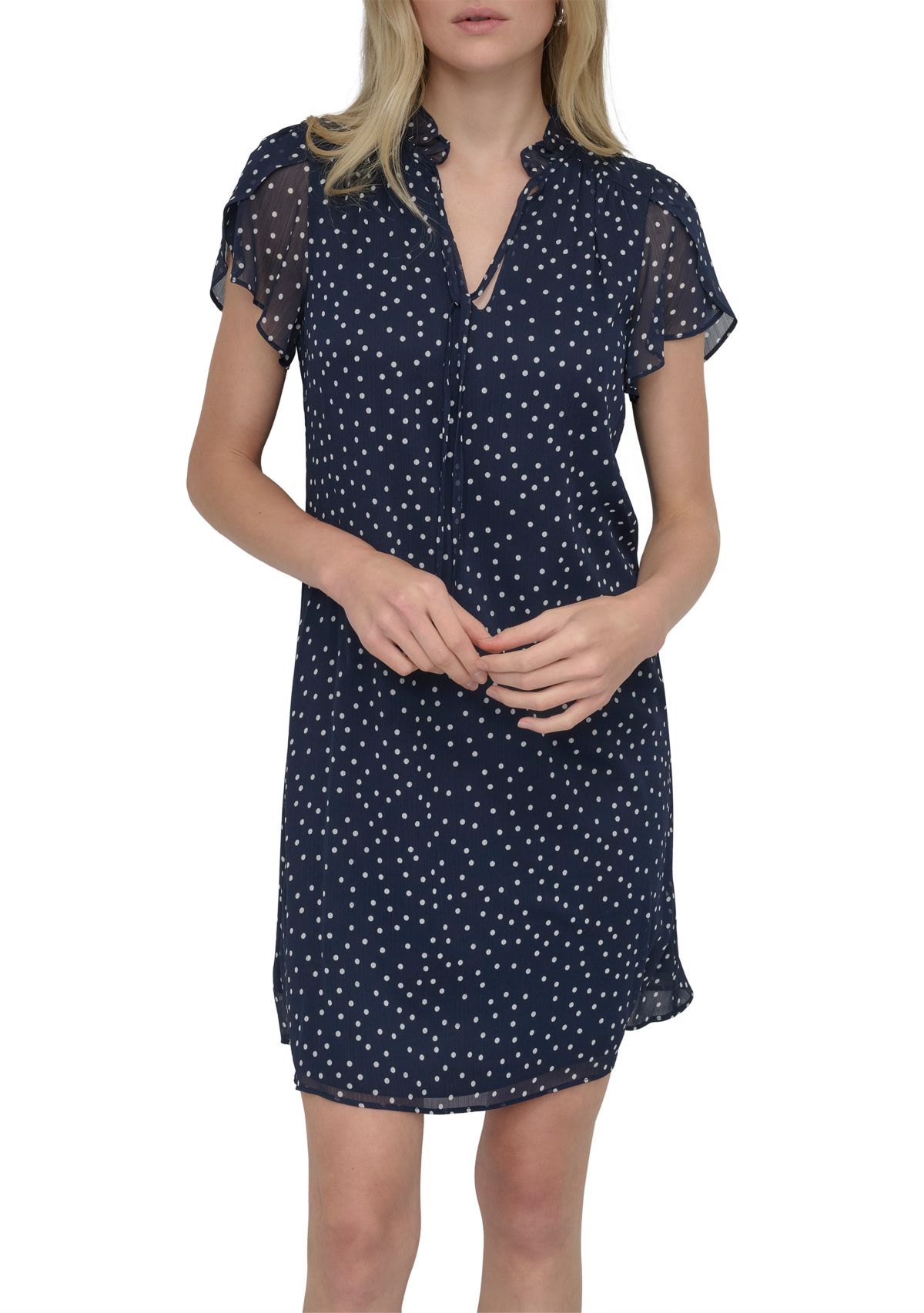 Womens Short Sleeve Mock Neck Printed A-Line Dress