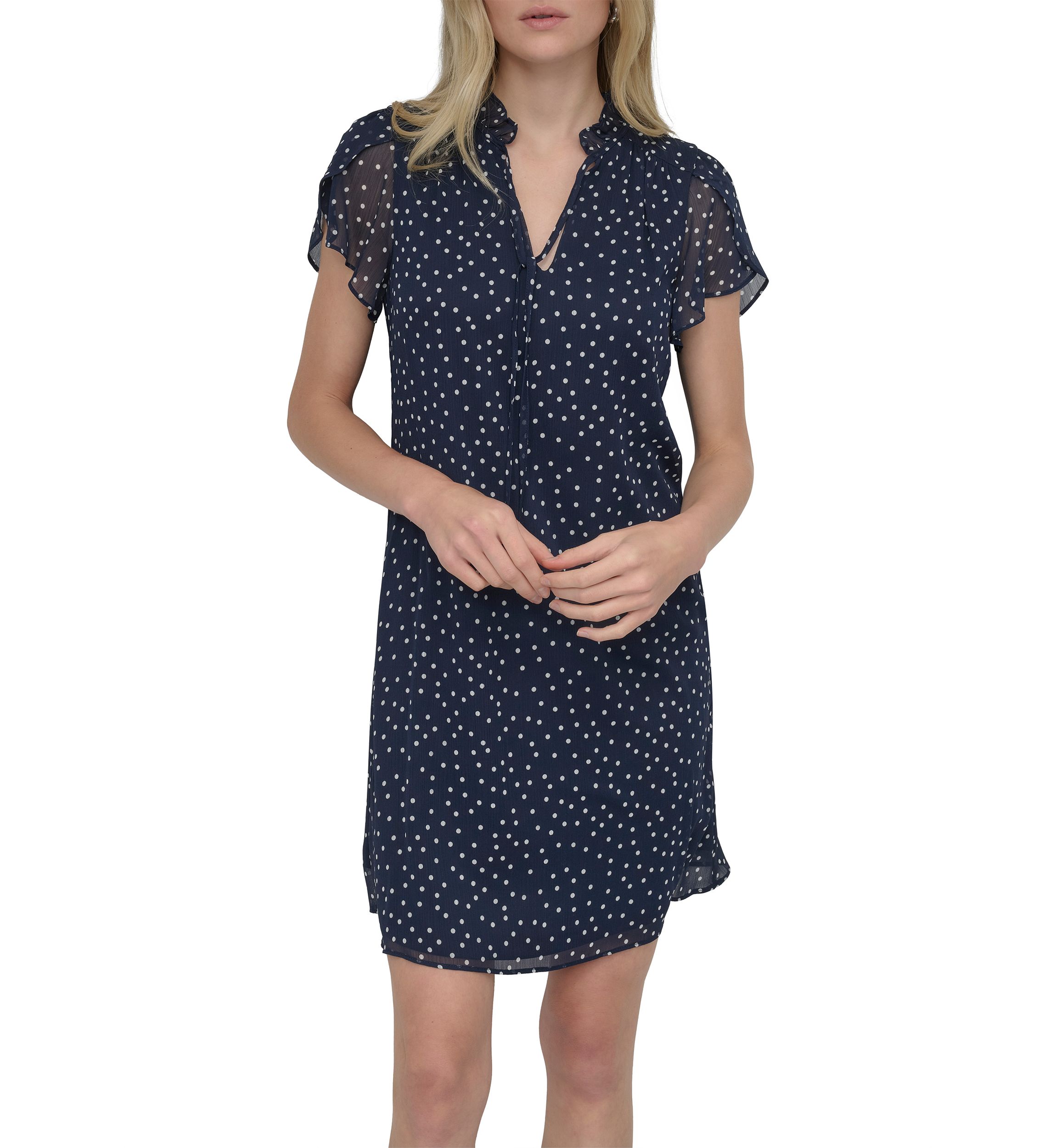Womens Short Sleeve Mock Neck Printed A-Line Dress