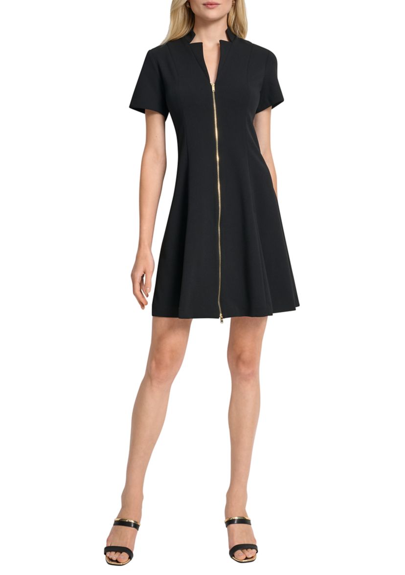 Womens Short Sleeve V-Neck Solid Scuba Sheath Dress