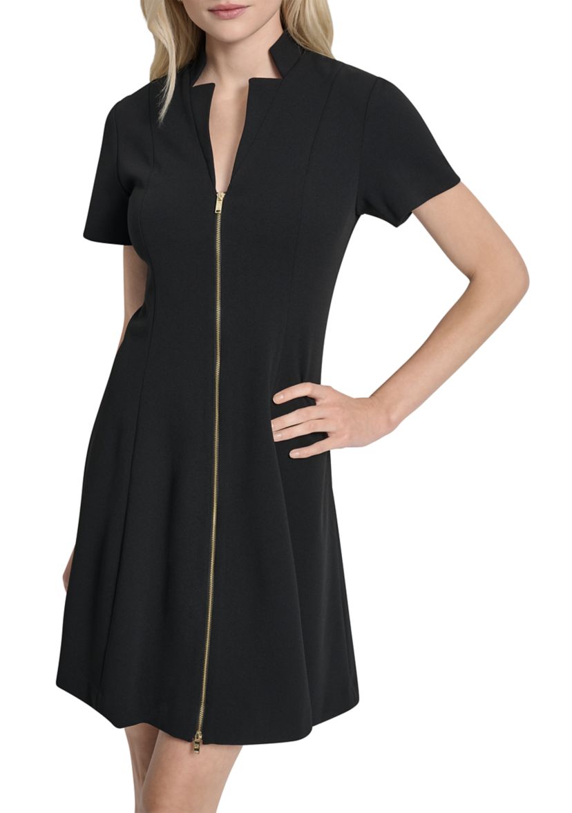Womens Short Sleeve V-Neck Solid Scuba Sheath Dress