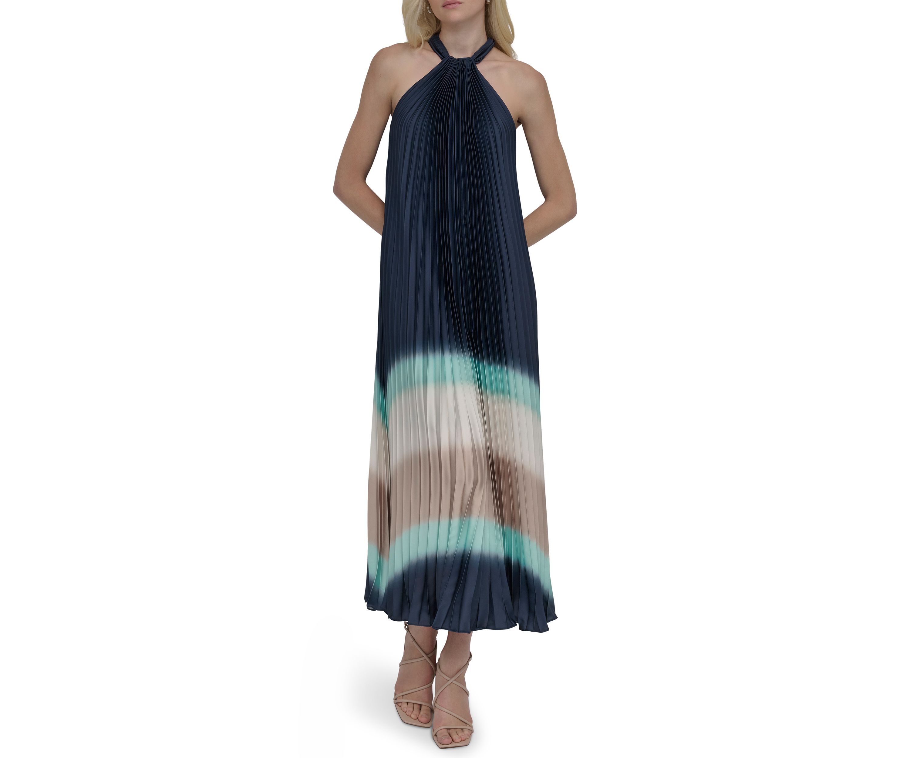Womens Sleeveless Halter Neck Stripe Print A-Line Dress