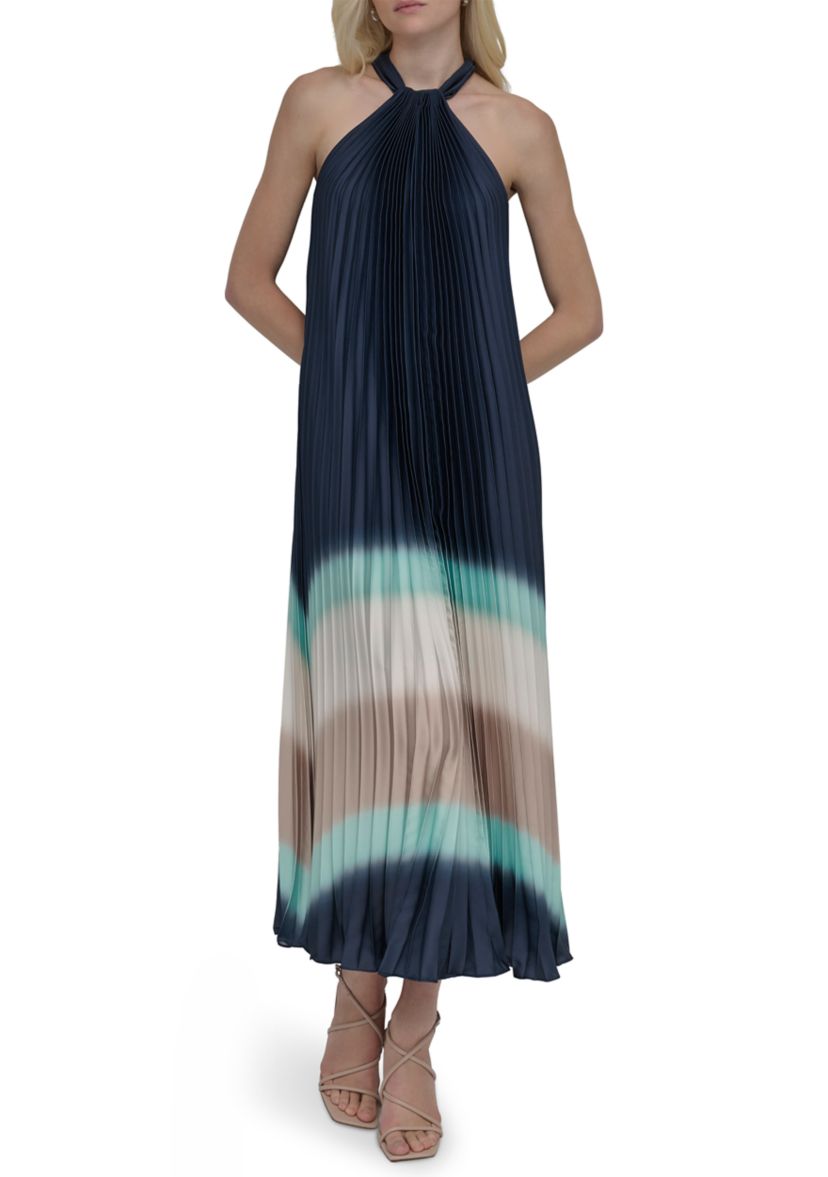 Womens Sleeveless Halter Neck Stripe Print A-Line Dress
