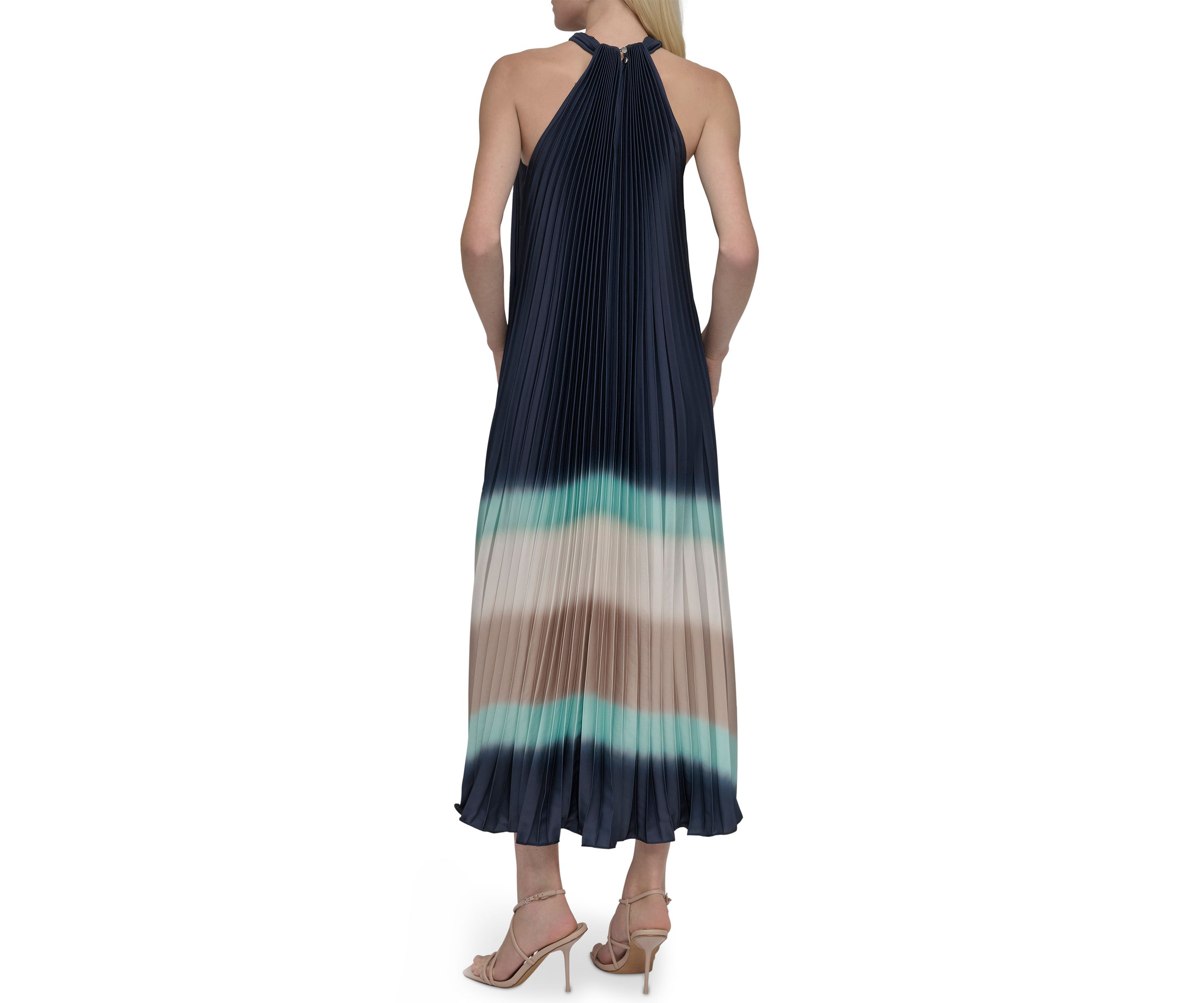 Womens Sleeveless Halter Neck Stripe Print A-Line Dress