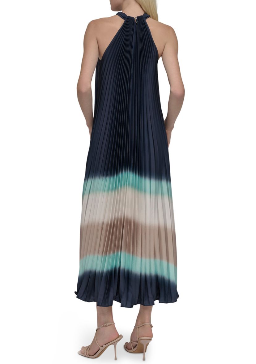 Womens Sleeveless Halter Neck Stripe Print A-Line Dress