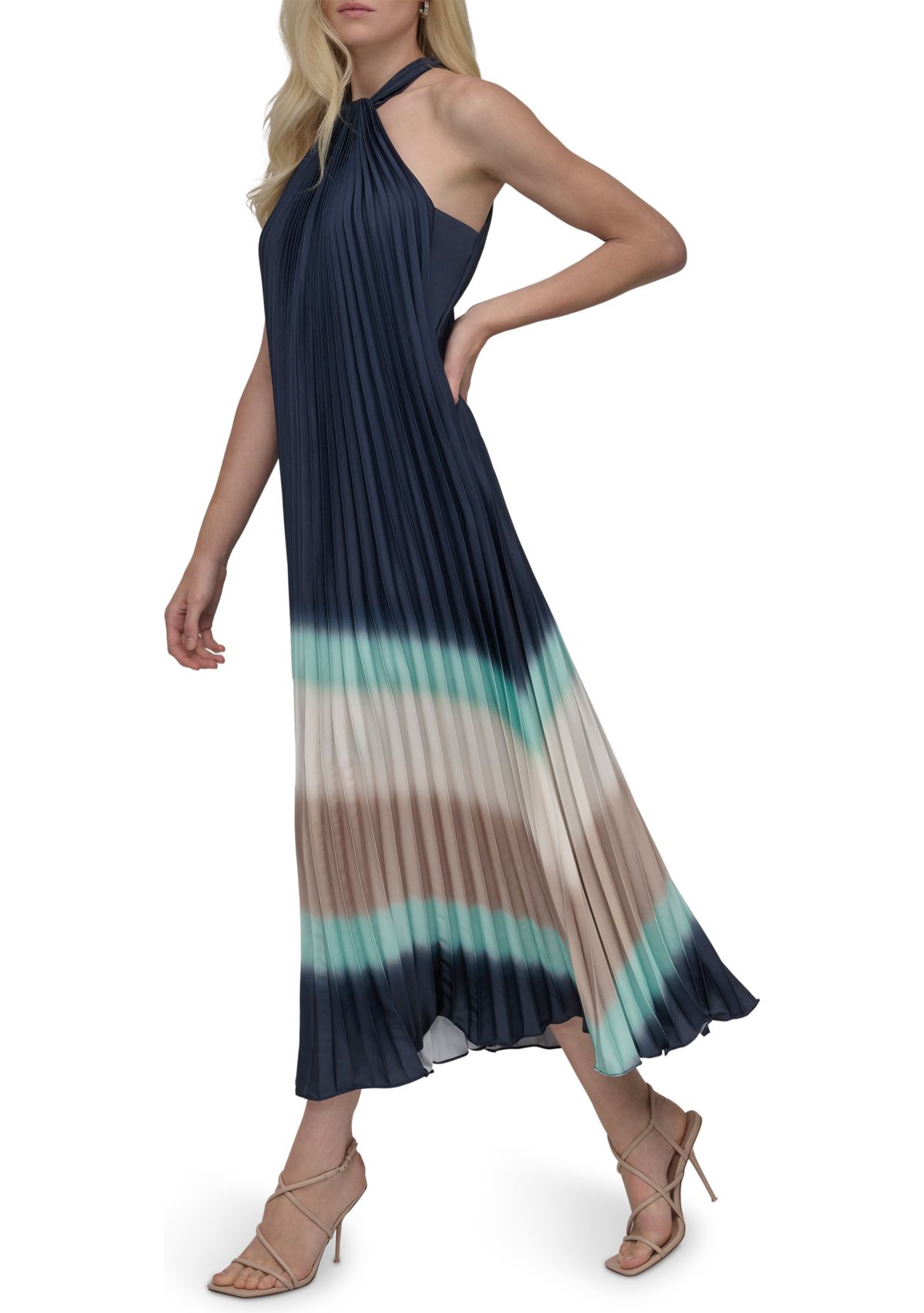 Womens Sleeveless Halter Neck Stripe Print A-Line Dress