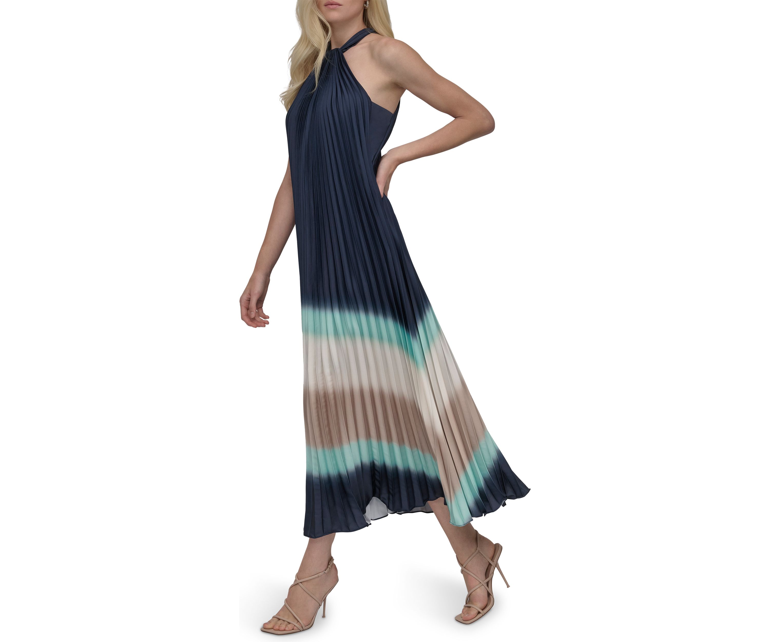 Womens Sleeveless Halter Neck Stripe Print A-Line Dress