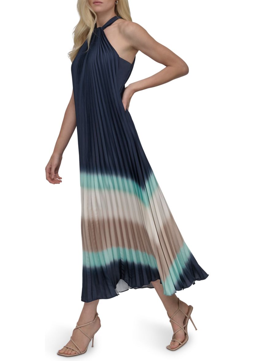 Womens Sleeveless Halter Neck Stripe Print A-Line Dress