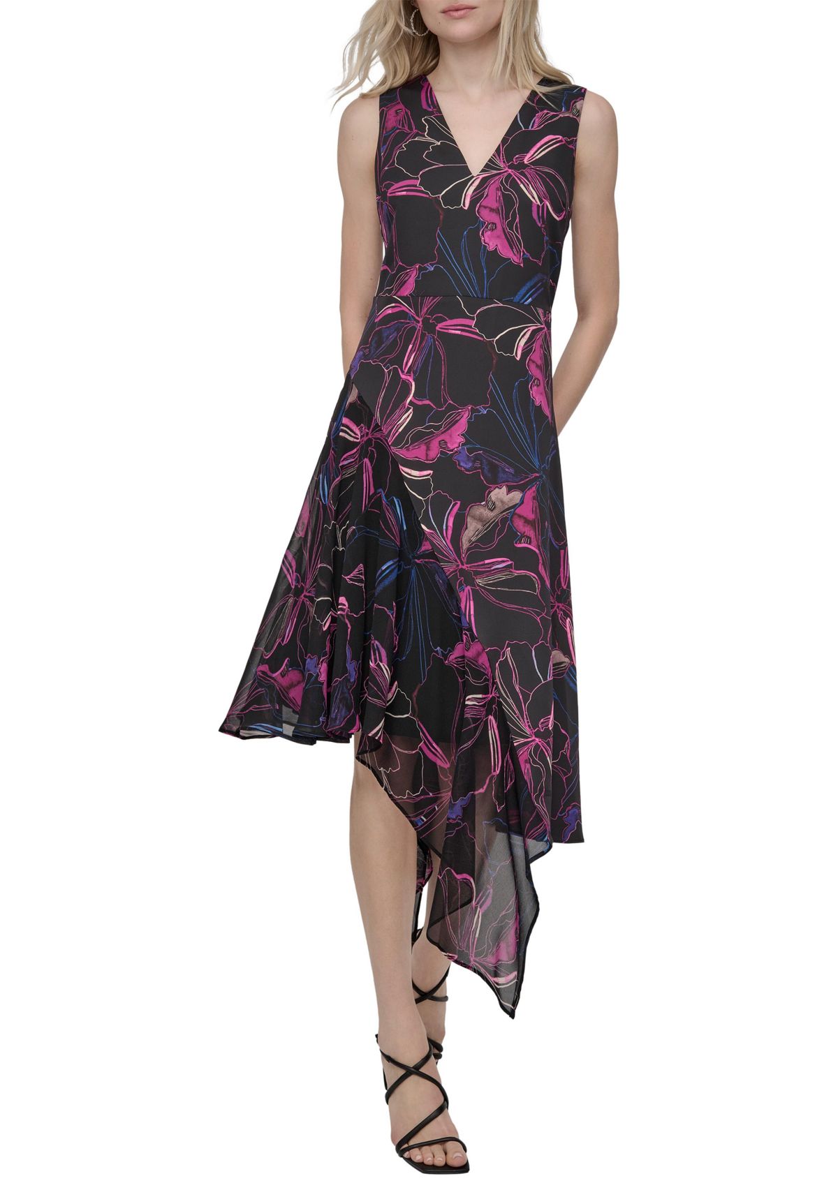 Womens Printed Belted Midi Dress
