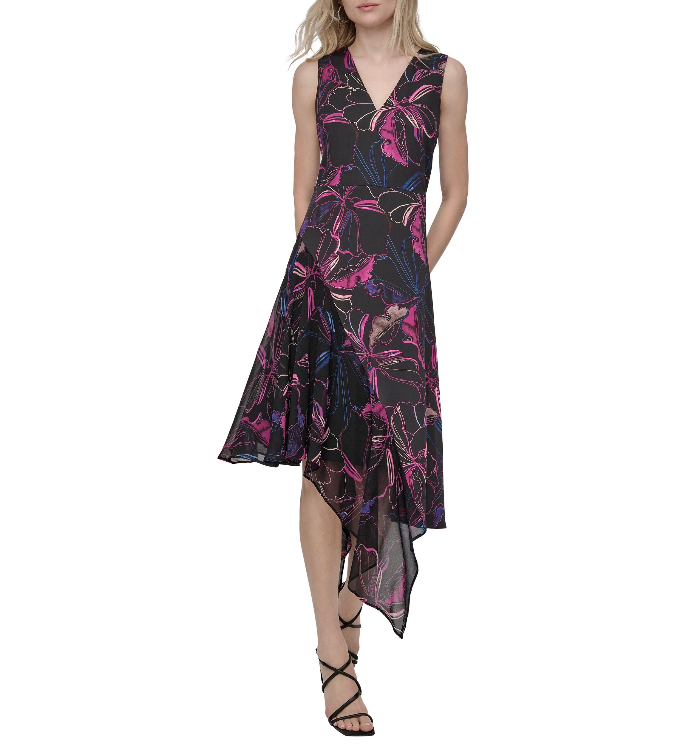 Womens Printed Belted Midi Dress