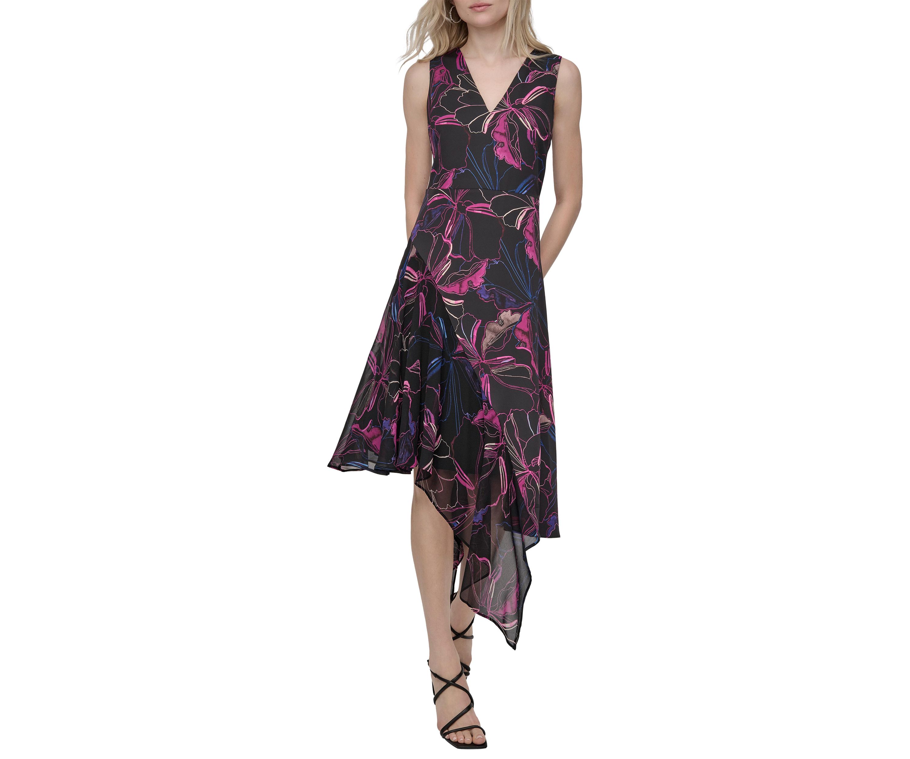 Womens Printed Belted Midi Dress