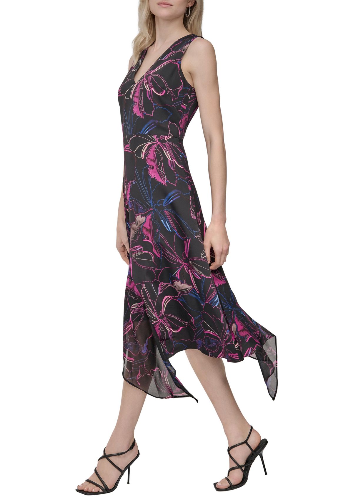 Womens Printed Belted Midi Dress