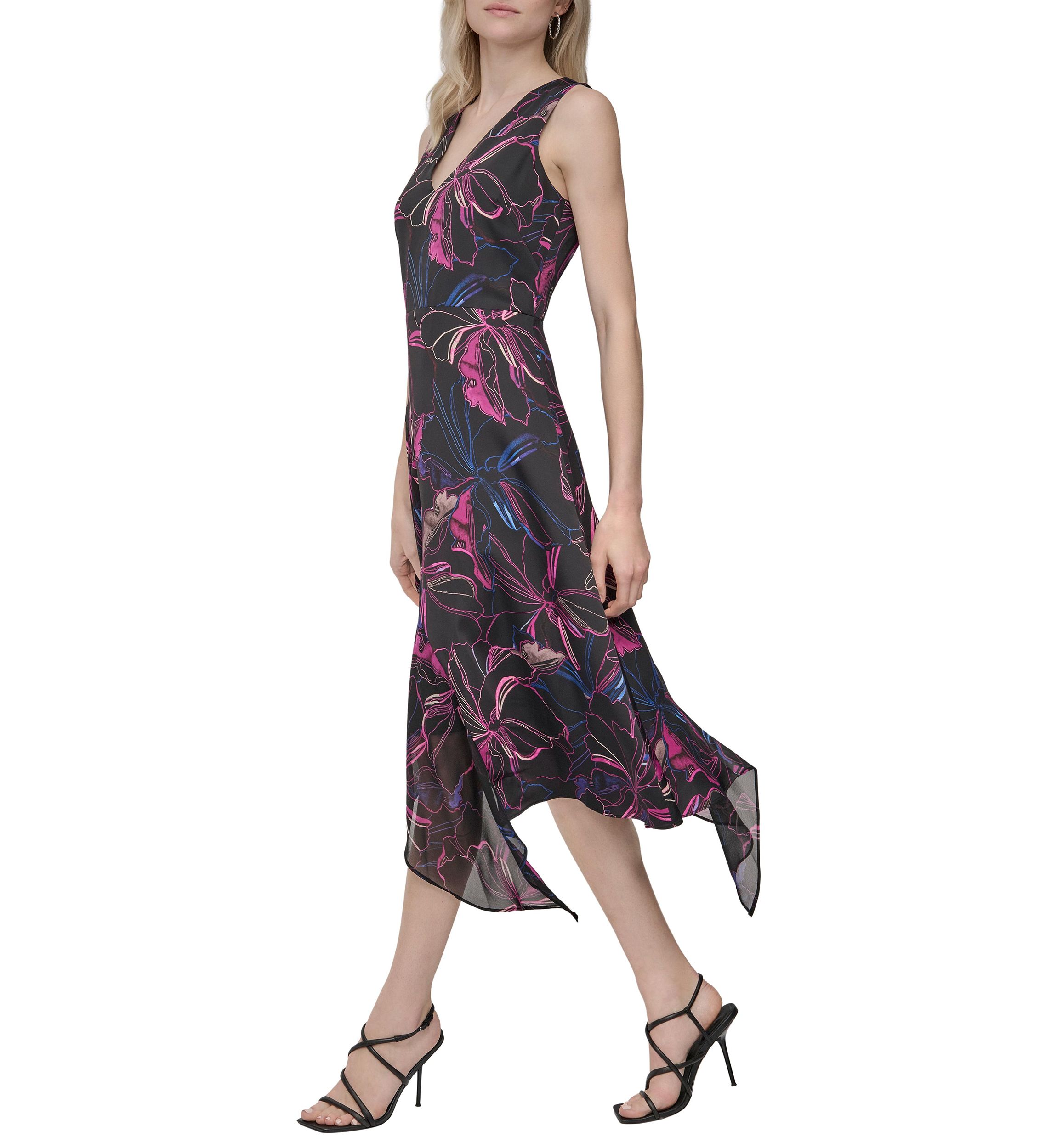 Womens Printed Belted Midi Dress