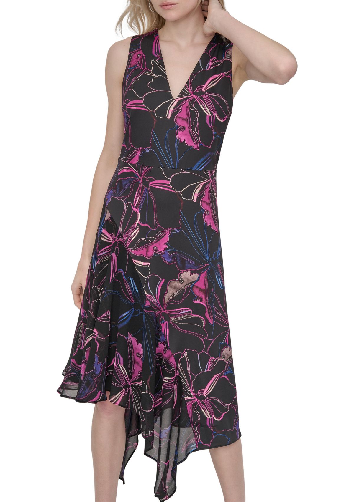 Womens Printed Belted Midi Dress