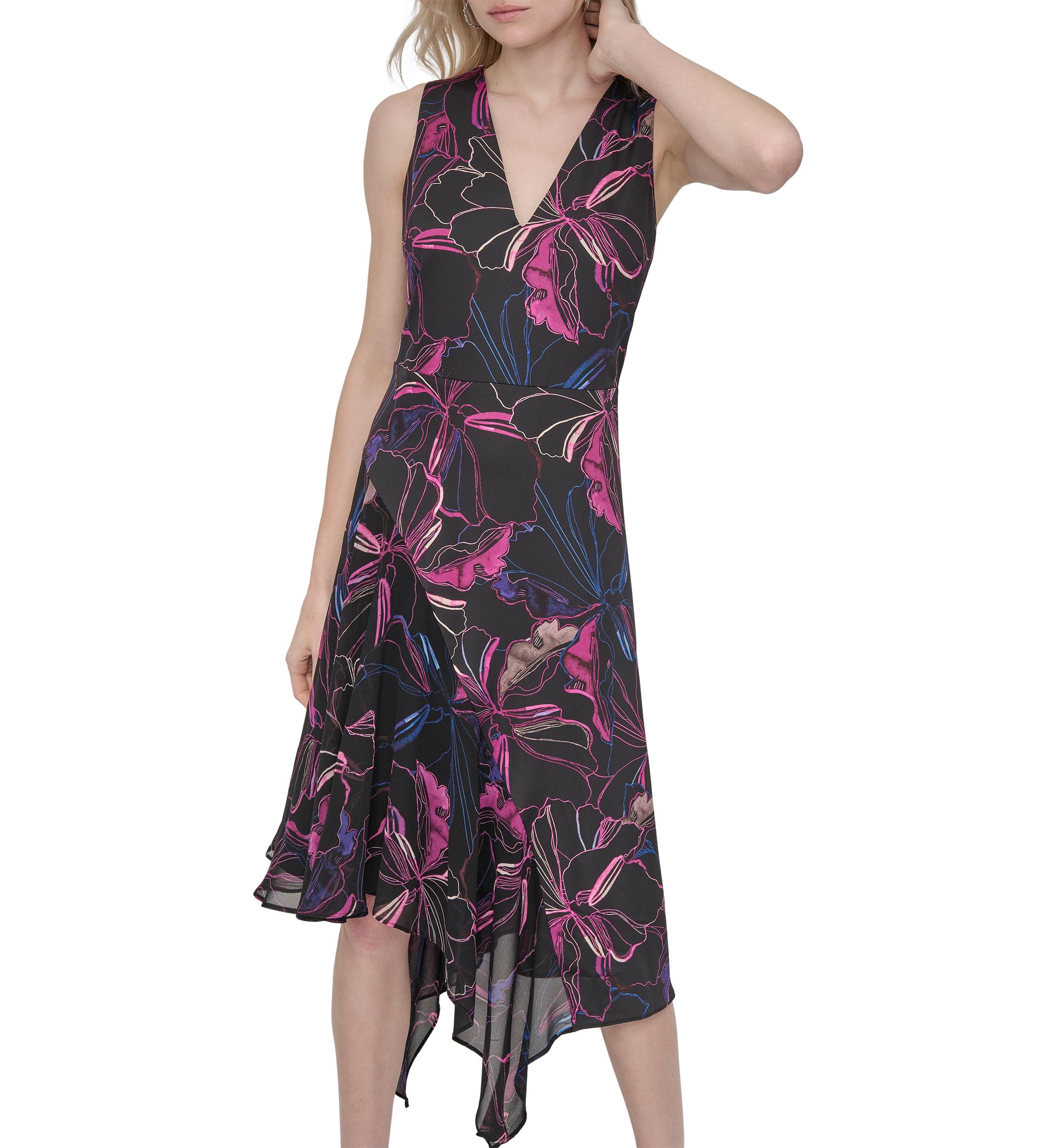 Womens Printed Belted Midi Dress