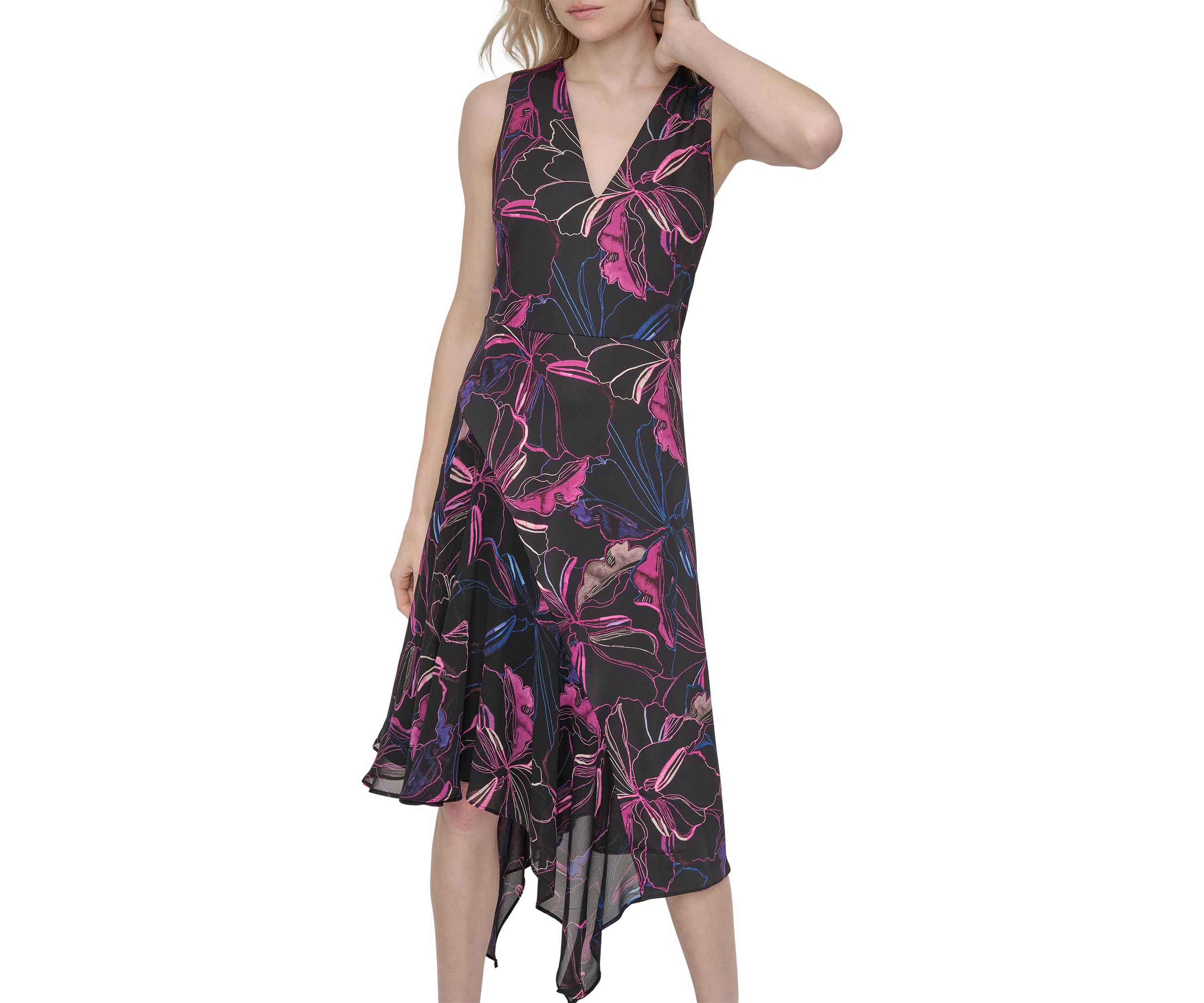 Womens Printed Belted Midi Dress