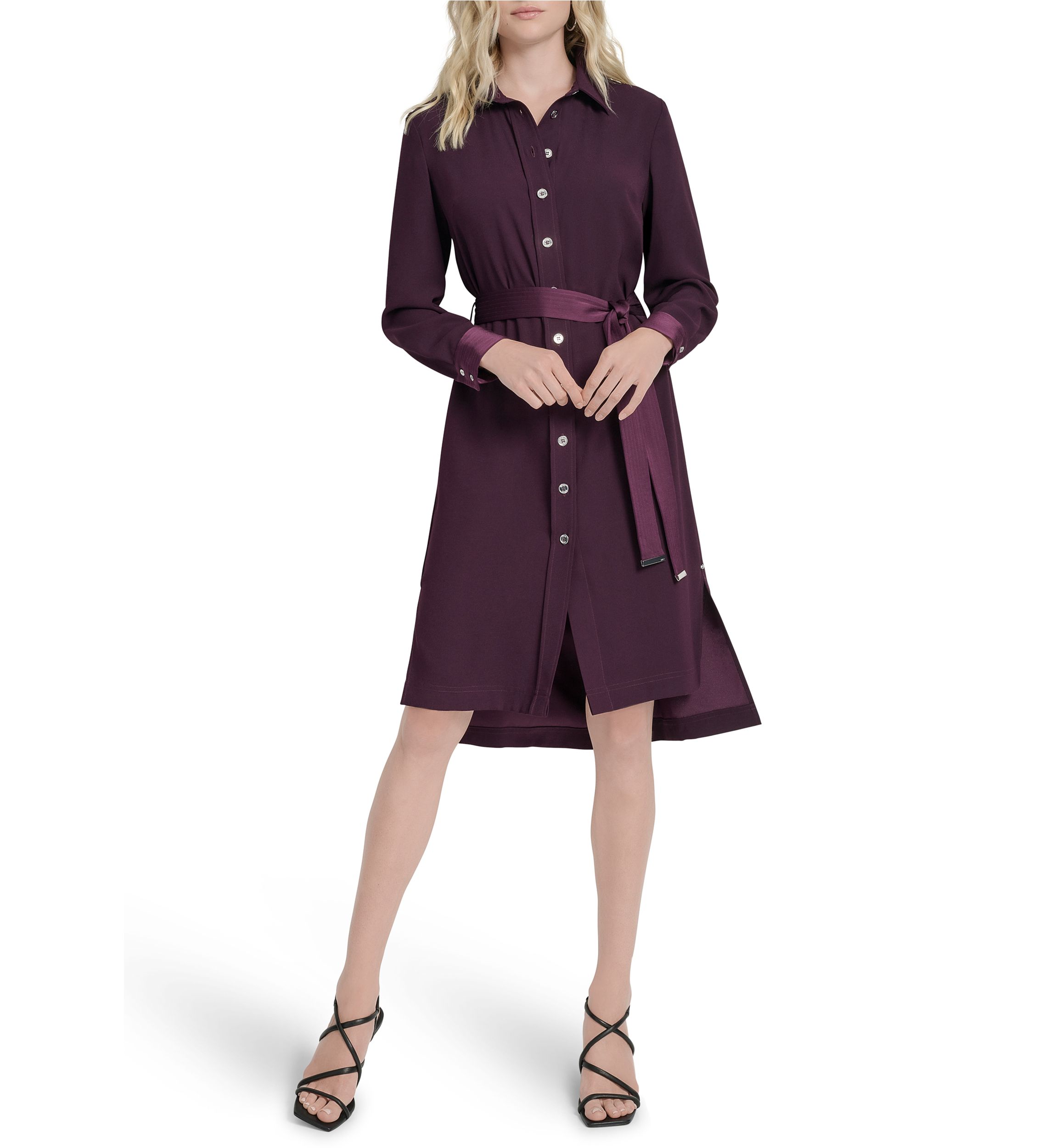 Womens Long Sleeve Collar Neck Solid Satin Shirt Dress