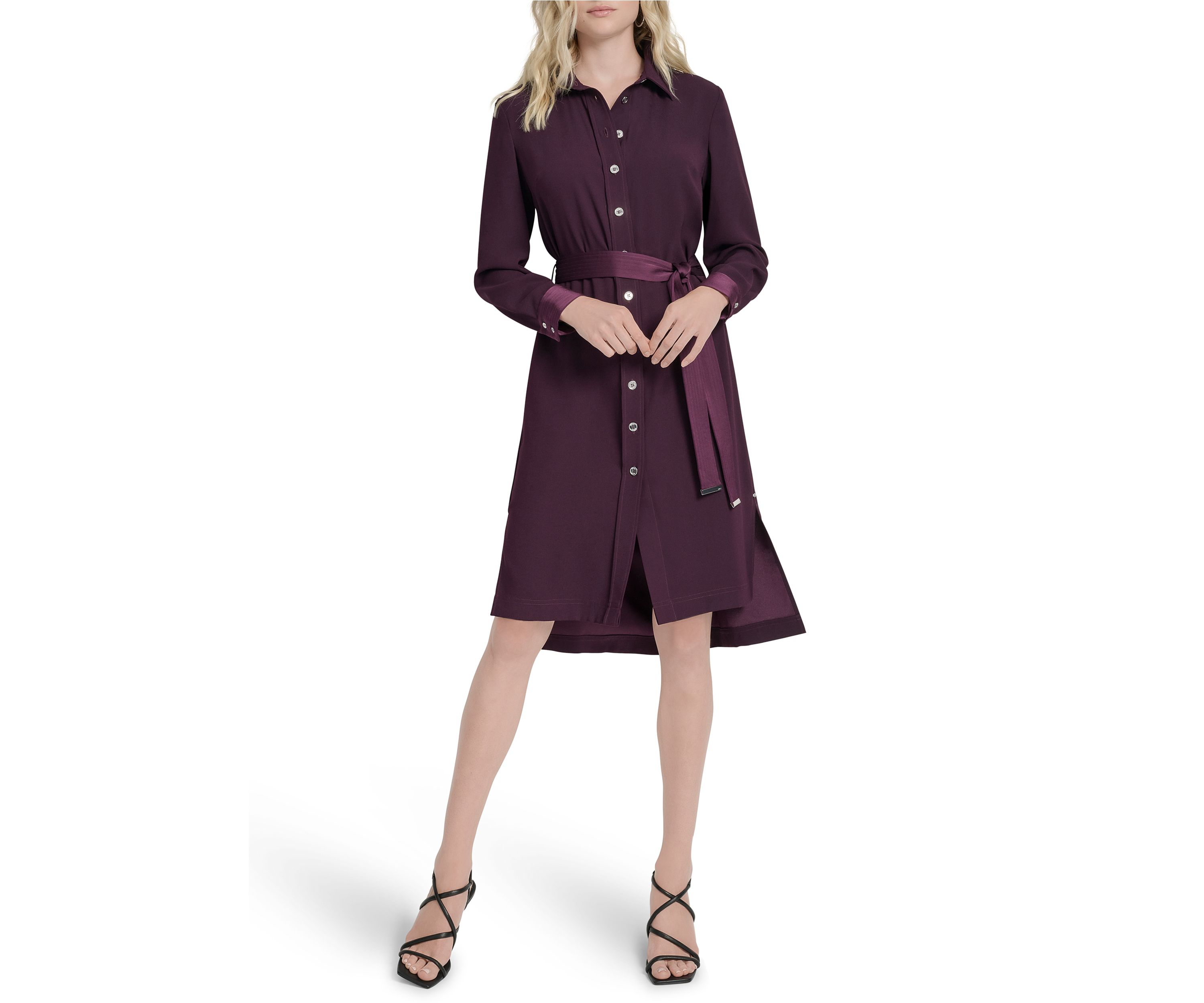 Womens Long Sleeve Collar Neck Solid Satin Shirt Dress