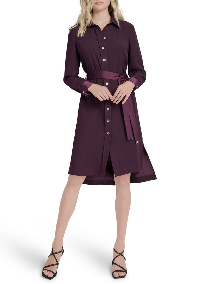 Womens Long Sleeve Collar Neck Solid Satin Shirt Dress
