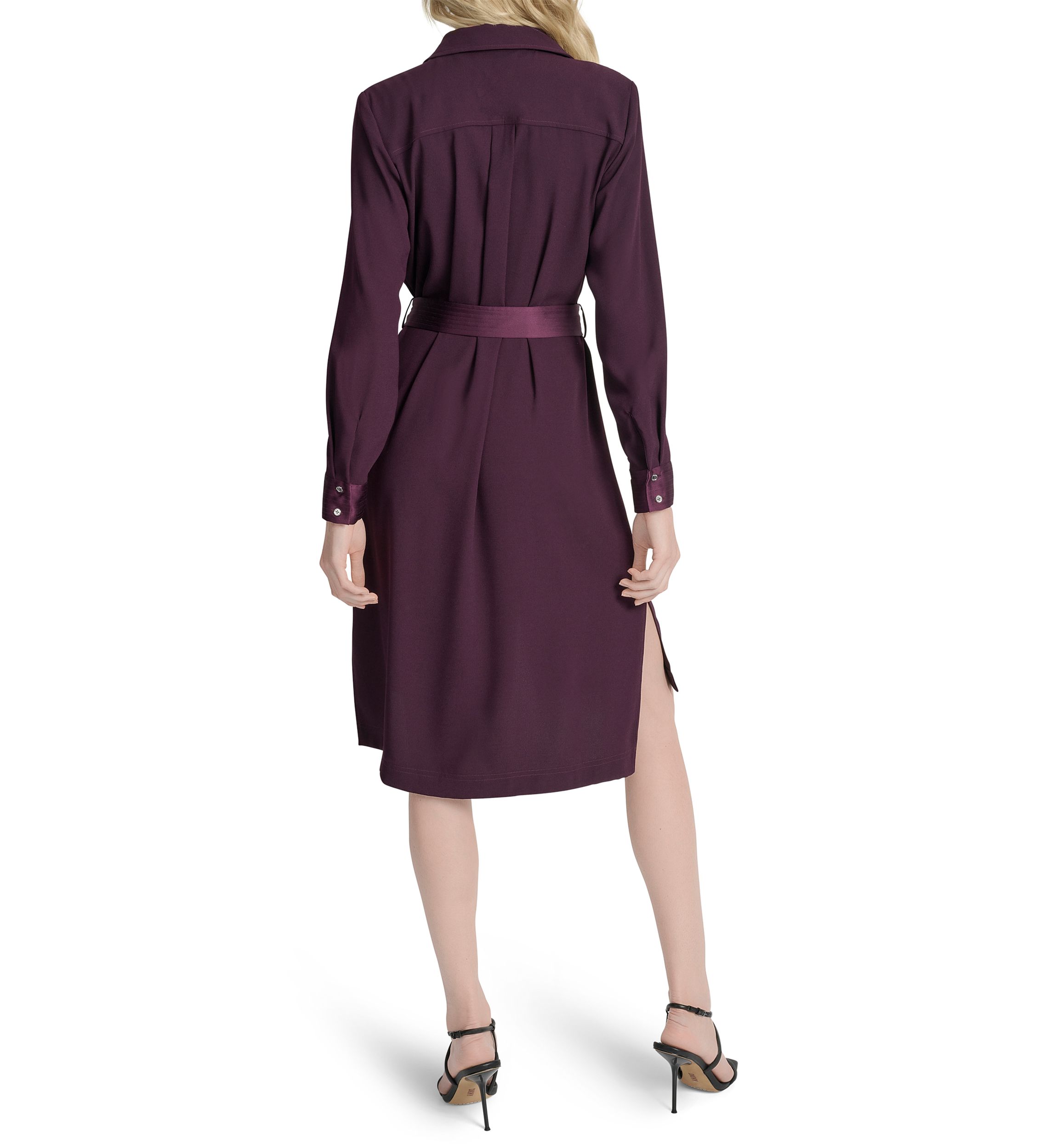 Womens Long Sleeve Collar Neck Solid Satin Shirt Dress