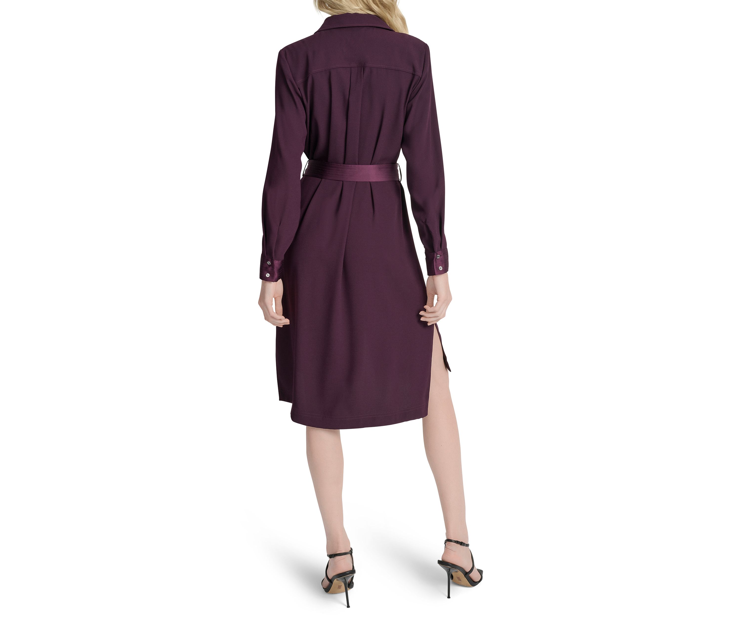 Womens Long Sleeve Collar Neck Solid Satin Shirt Dress