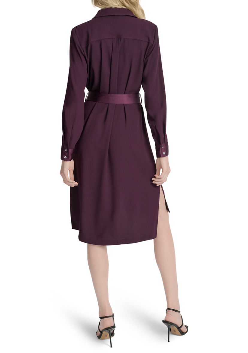 Womens Long Sleeve Collar Neck Solid Satin Shirt Dress