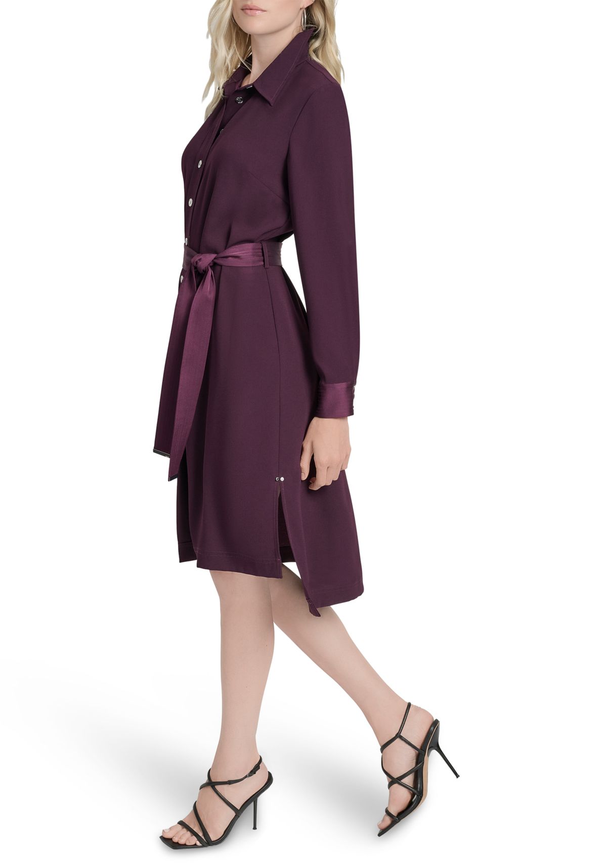 Womens Long Sleeve Collar Neck Solid Satin Shirt Dress