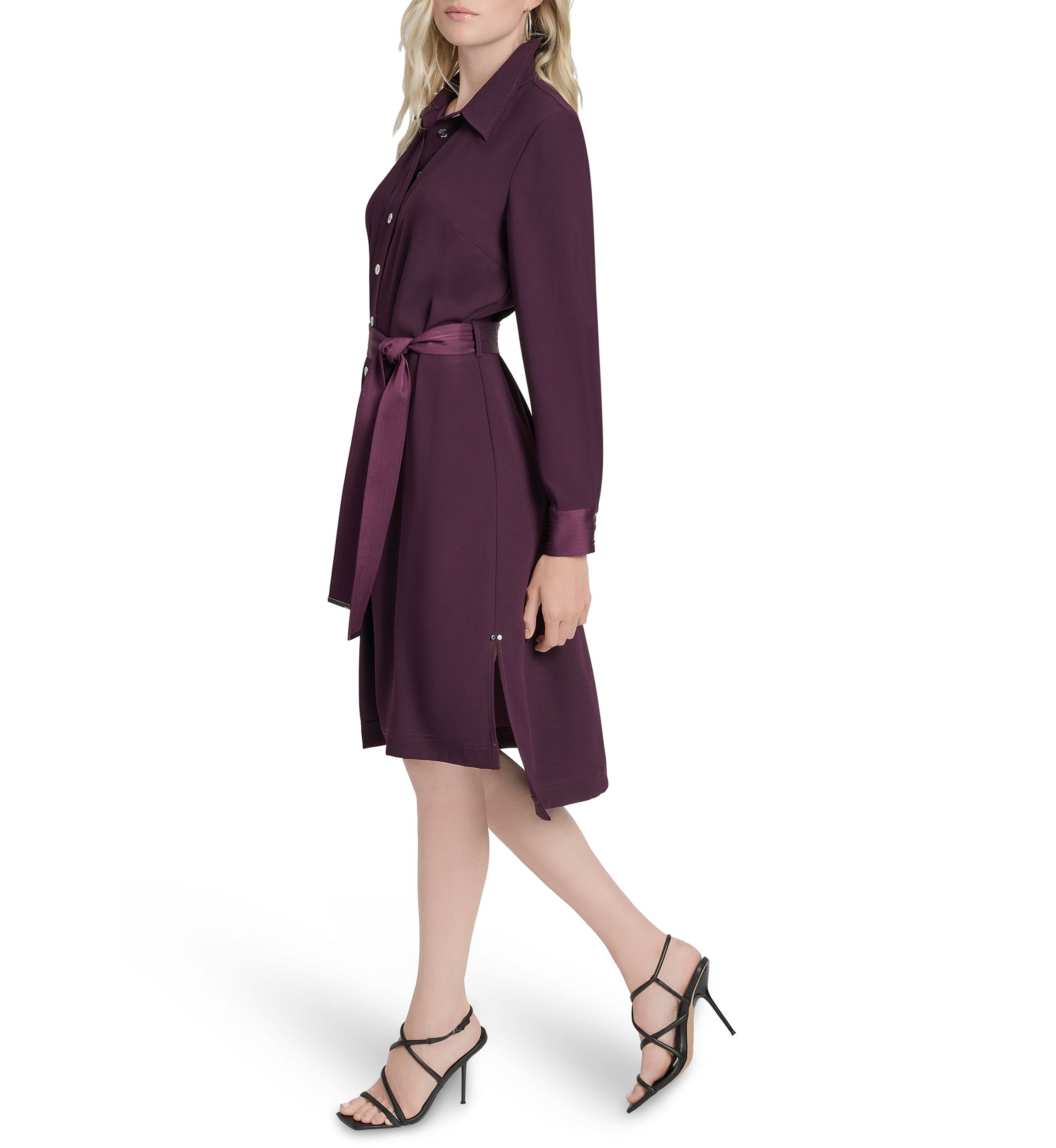 Womens Long Sleeve Collar Neck Solid Satin Shirt Dress