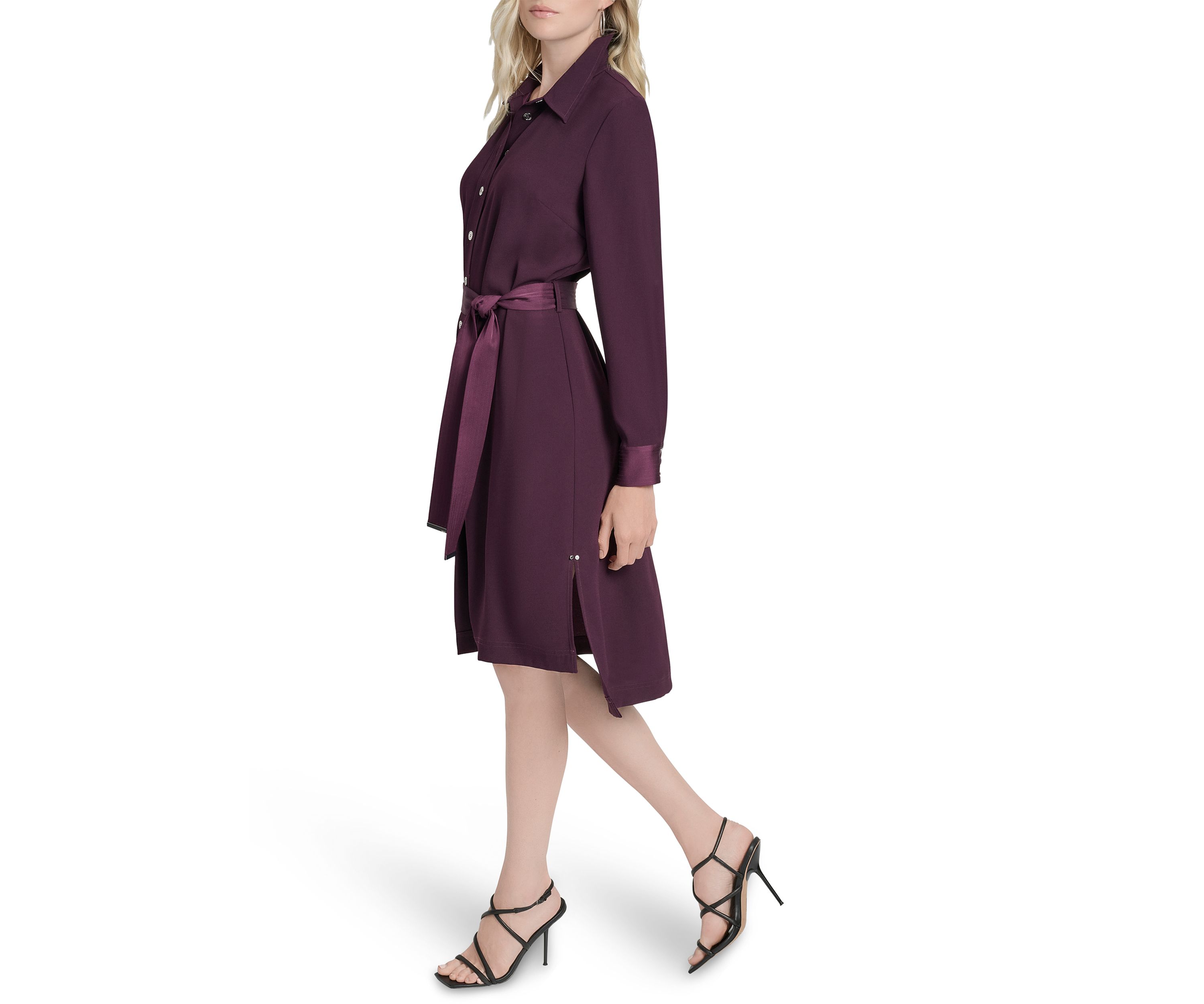 Womens Long Sleeve Collar Neck Solid Satin Shirt Dress