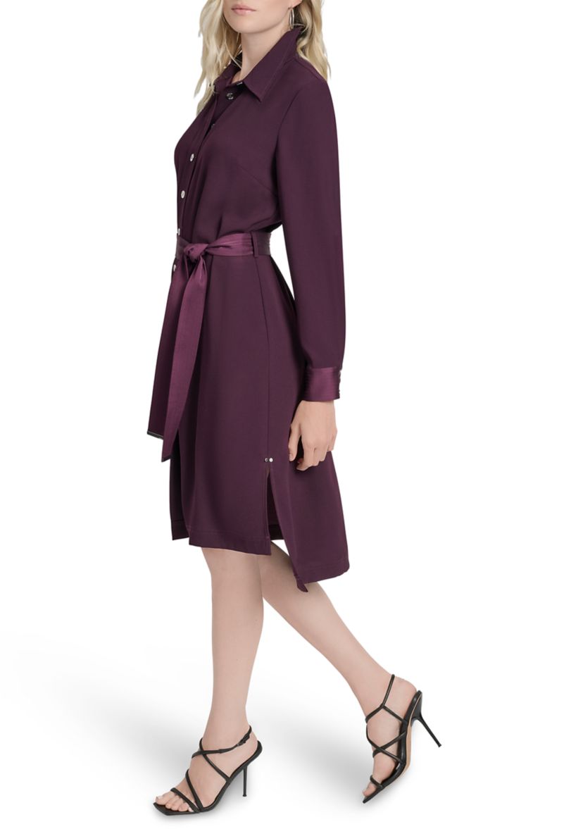 Womens Long Sleeve Collar Neck Solid Satin Shirt Dress