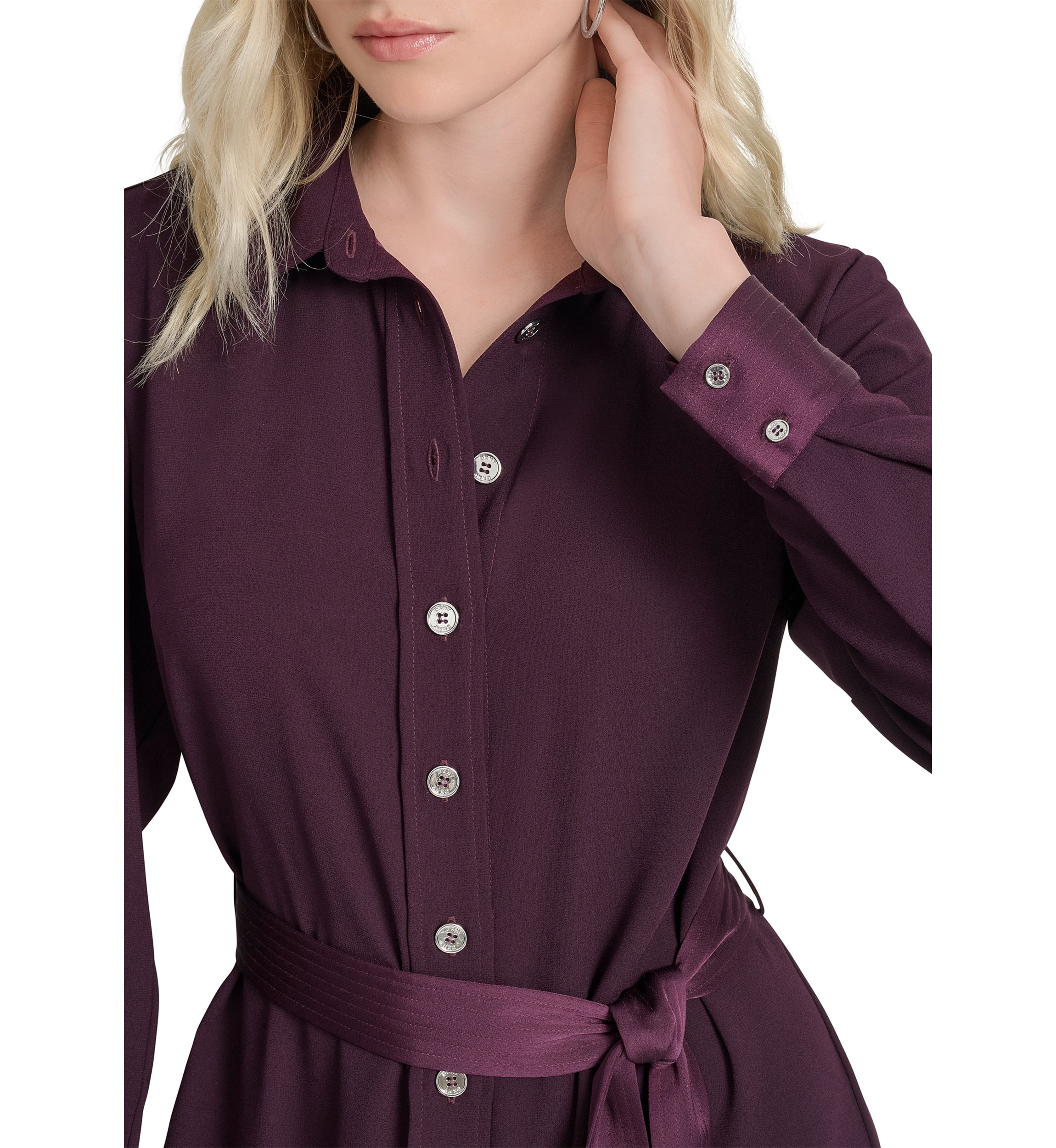Womens Long Sleeve Collar Neck Solid Satin Shirt Dress