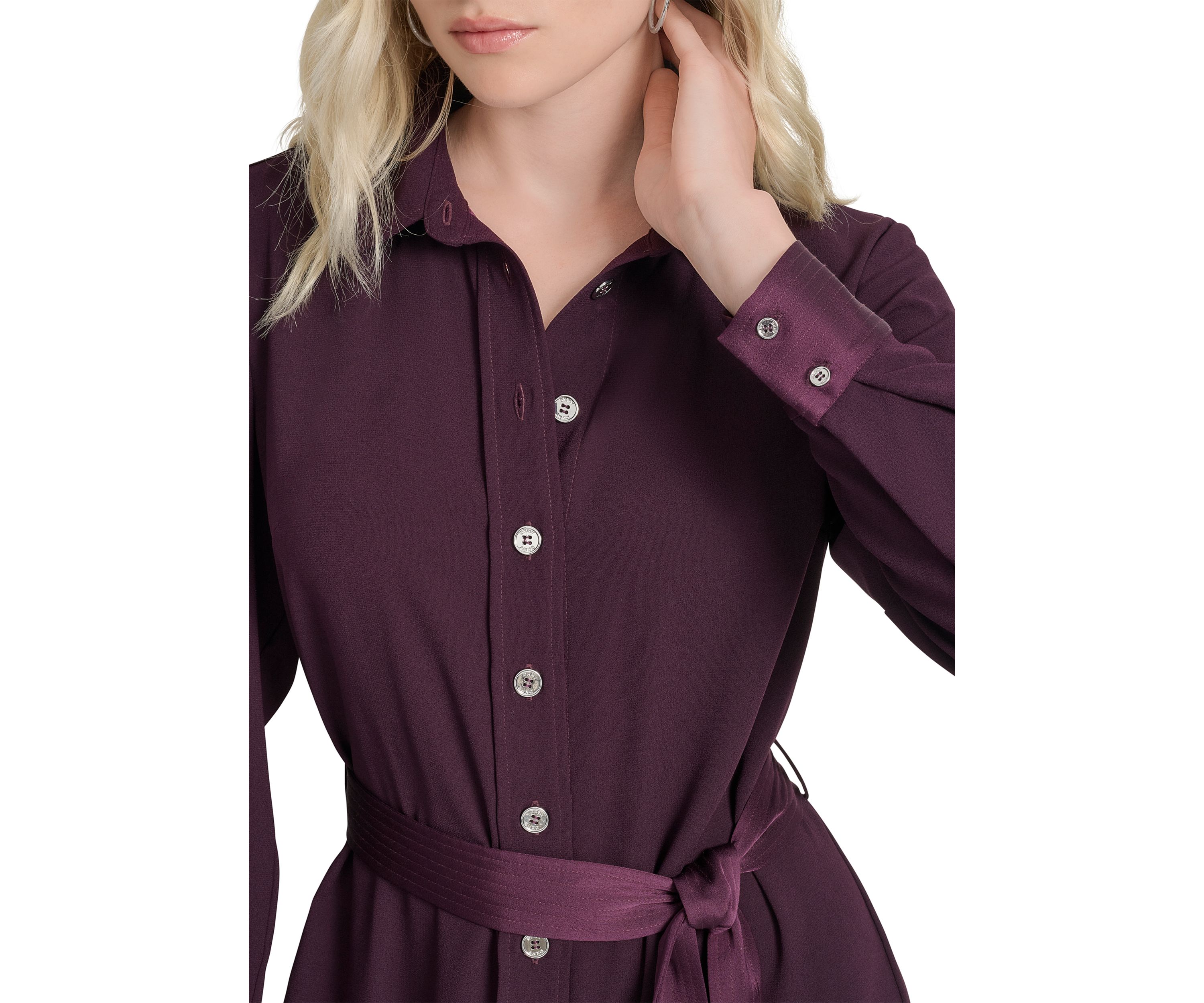 Womens Long Sleeve Collar Neck Solid Satin Shirt Dress