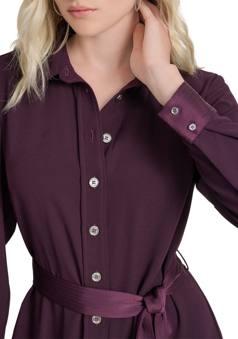 Womens Long Sleeve Collar Neck Solid Satin Shirt Dress