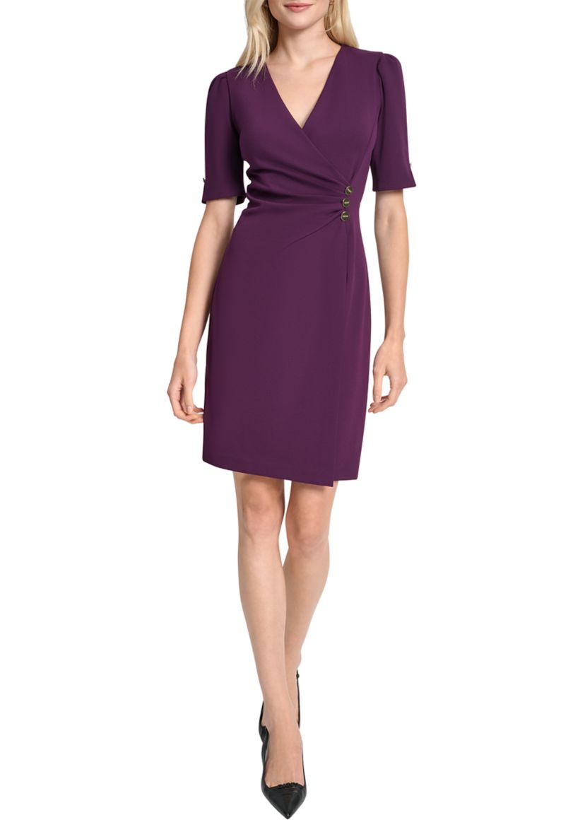 Womens Short Sleeve V-Neck Scuba Sheath Dress