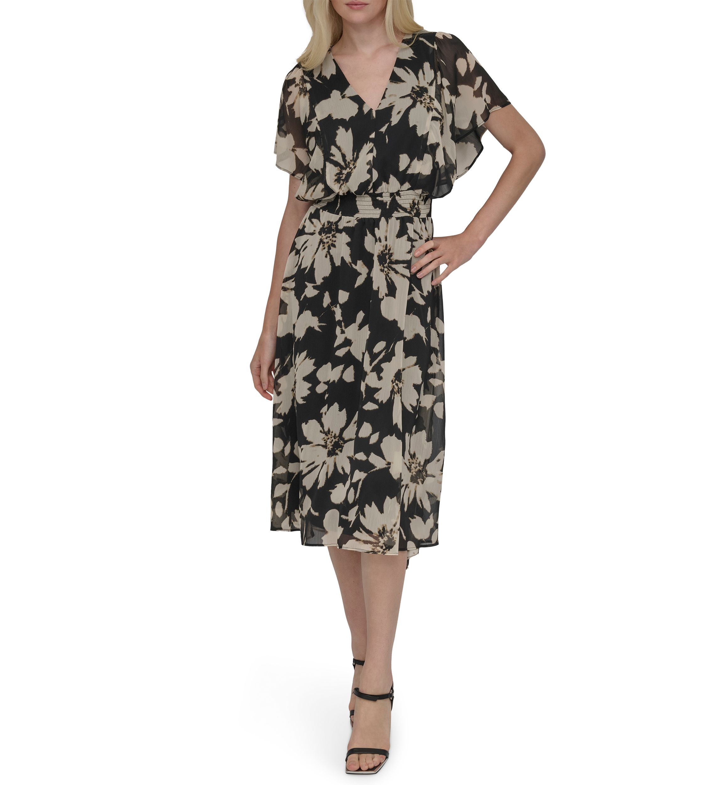 Womens Floral Printed Fit and Flare Midi Dress