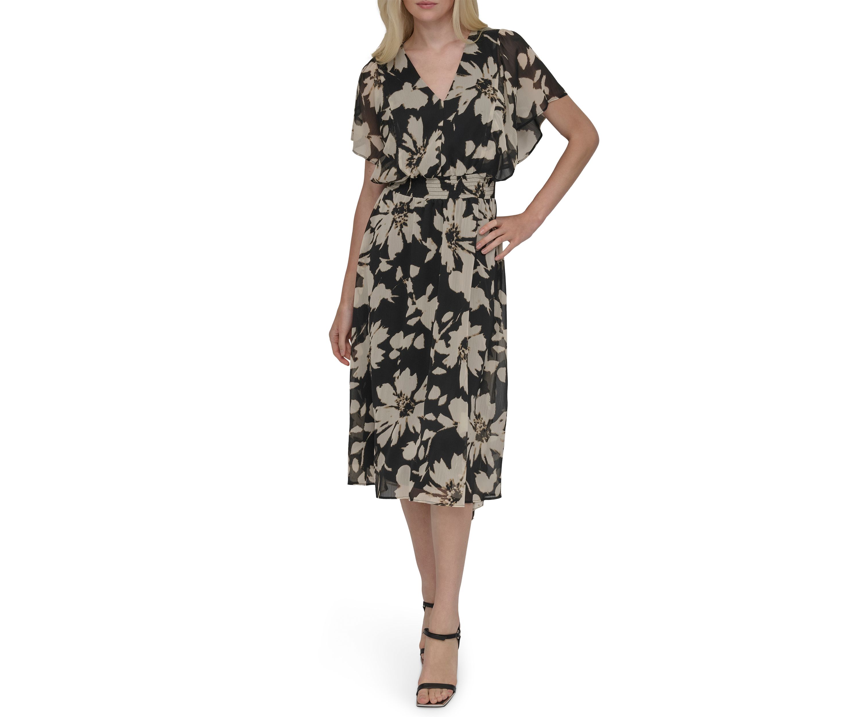 Womens Floral Printed Fit and Flare Midi Dress