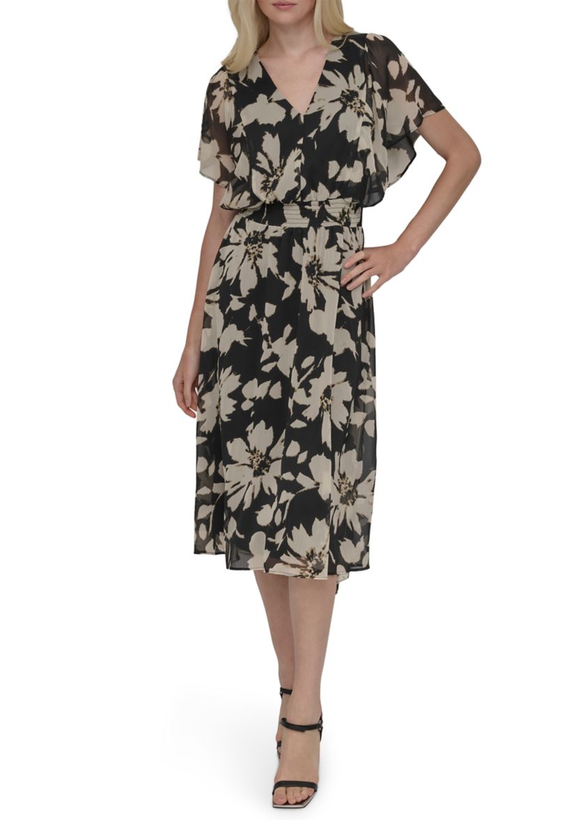 Womens Floral Printed Fit and Flare Midi Dress