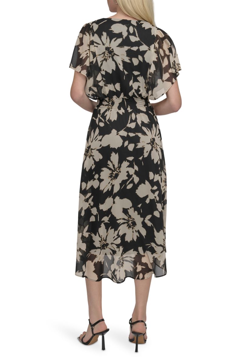 Womens Floral Printed Fit and Flare Midi Dress