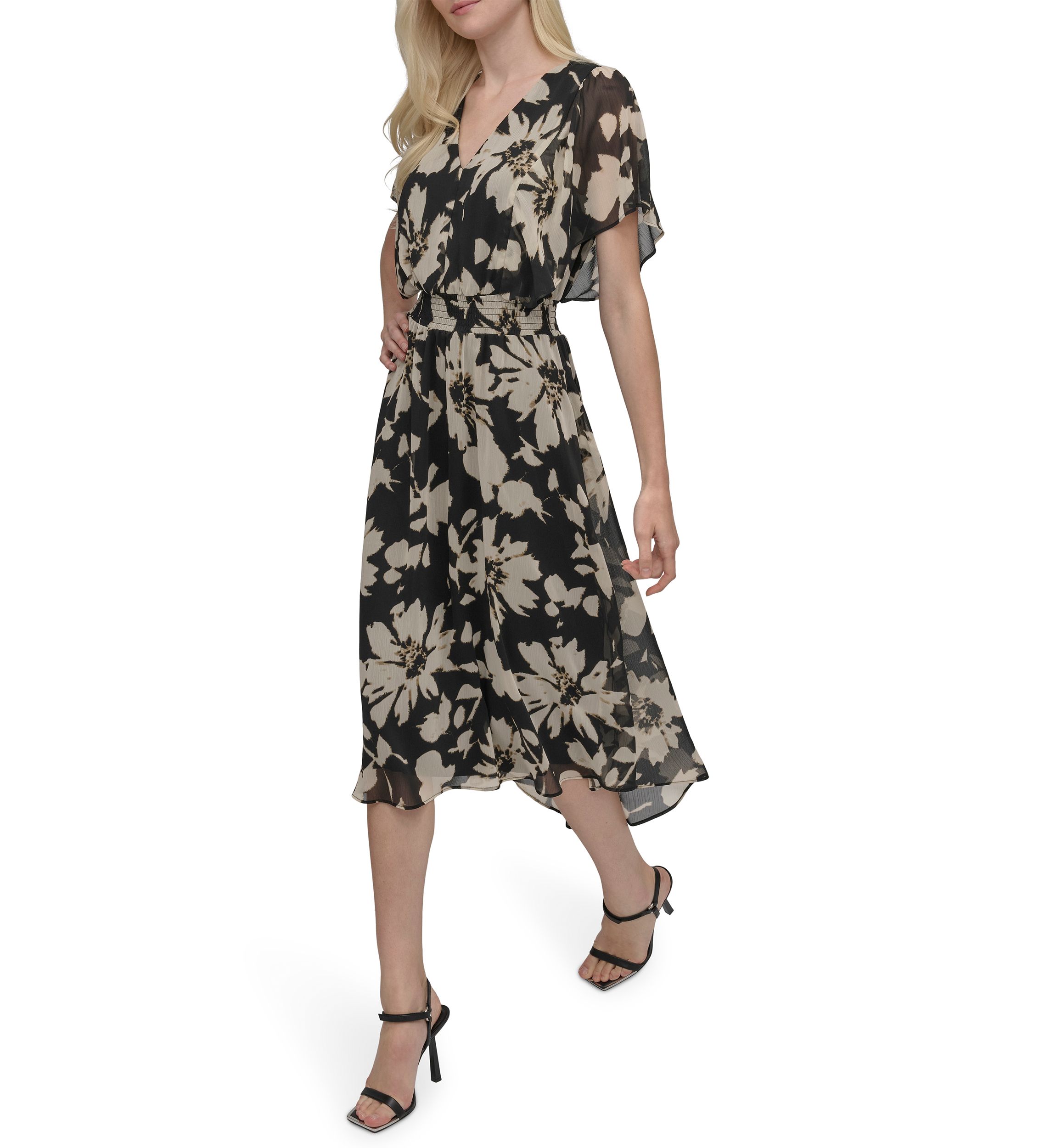 Womens Floral Printed Fit and Flare Midi Dress
