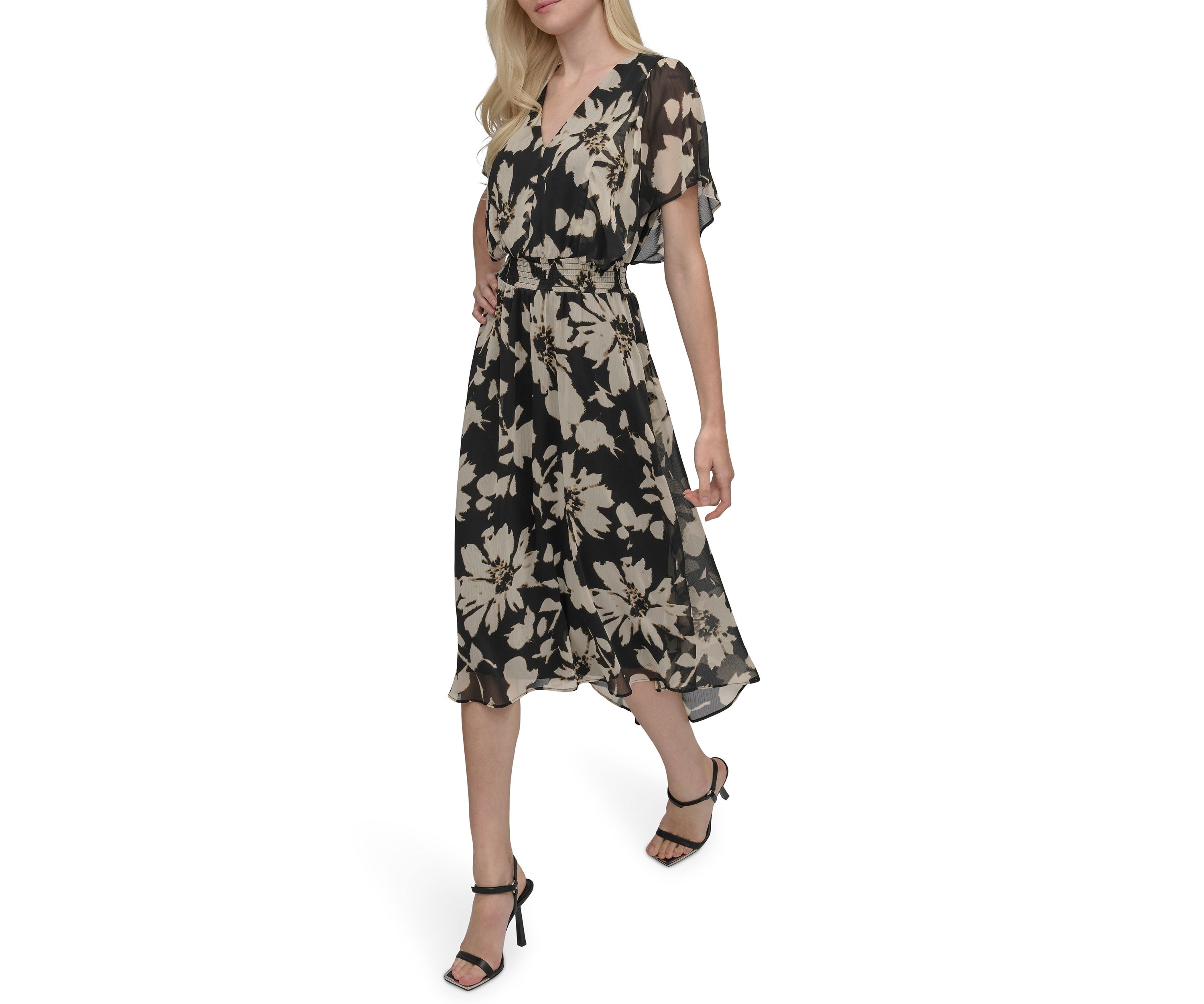 Womens Floral Printed Fit and Flare Midi Dress