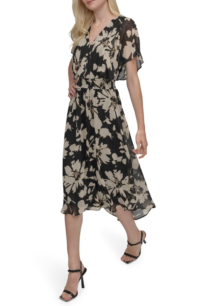 Womens Floral Printed Fit and Flare Midi Dress