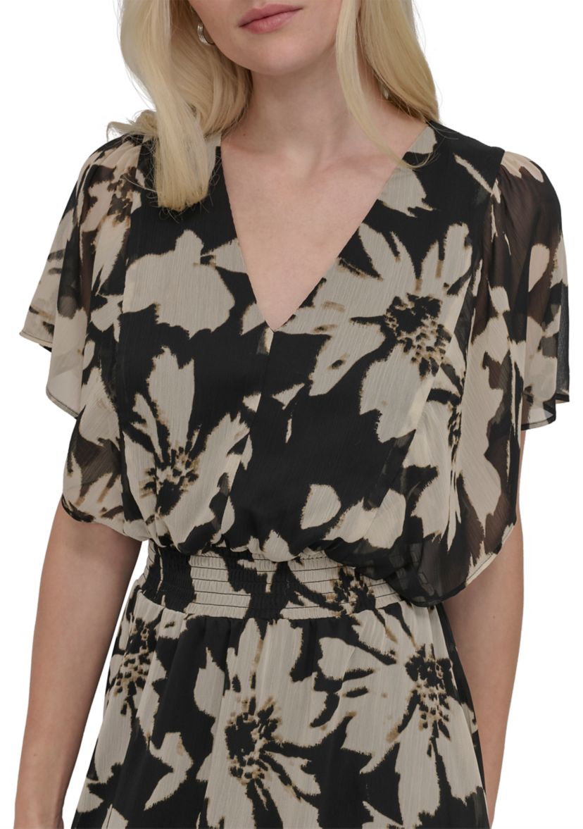 Womens Floral Printed Fit and Flare Midi Dress