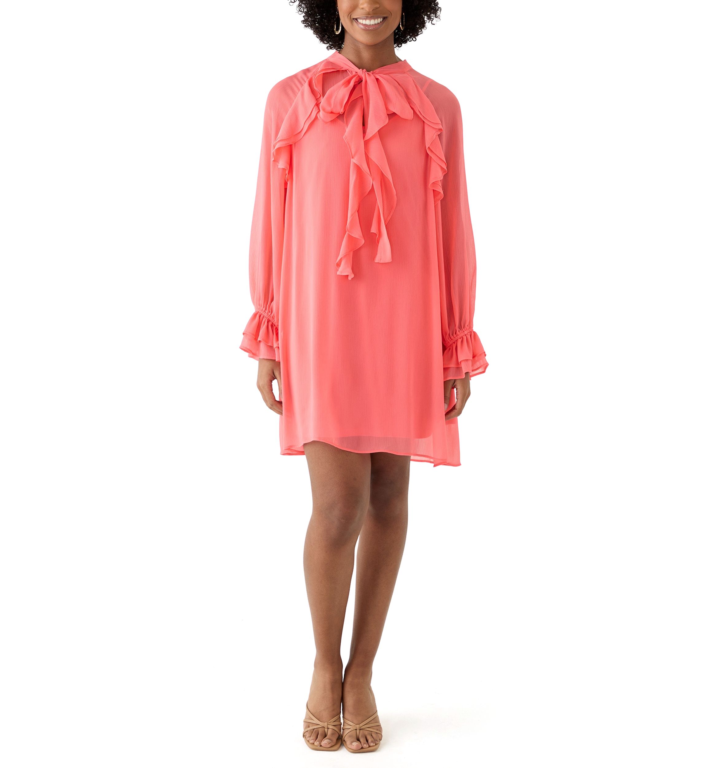 Womens Long Sleeve Tie Neck Ruffle A-Line Dress